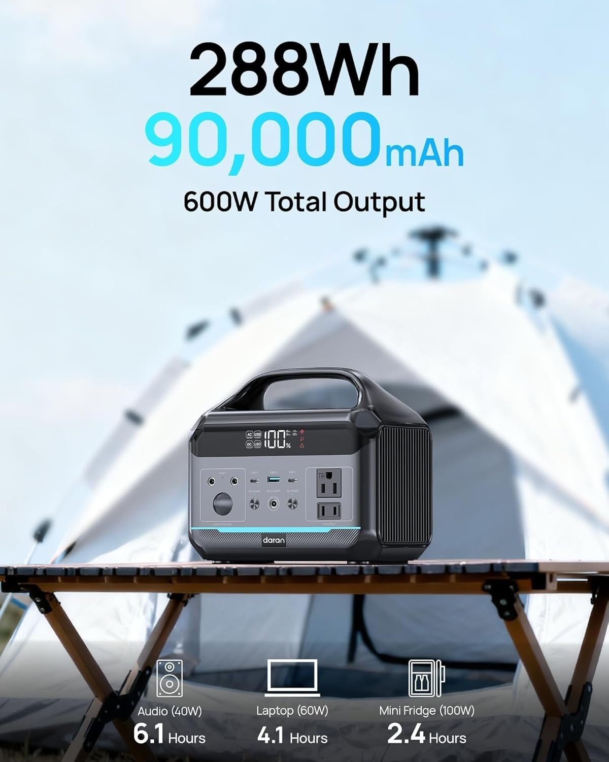Portable Power Station, Outdoor 288Wh LiFePO4 Battery, 350W (600W Surge) Solar