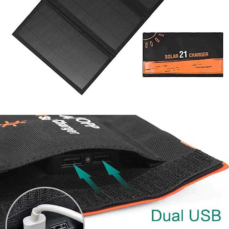 Folding Solar Panel 5V 21W Fast Dual USB Charge Power Bank For Cell Mobile Phone