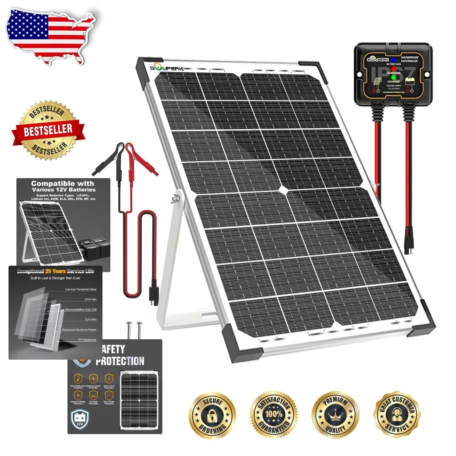 30W Solar Battery Maintainer 10A MPPT Waterproof Monocrystalline Durable