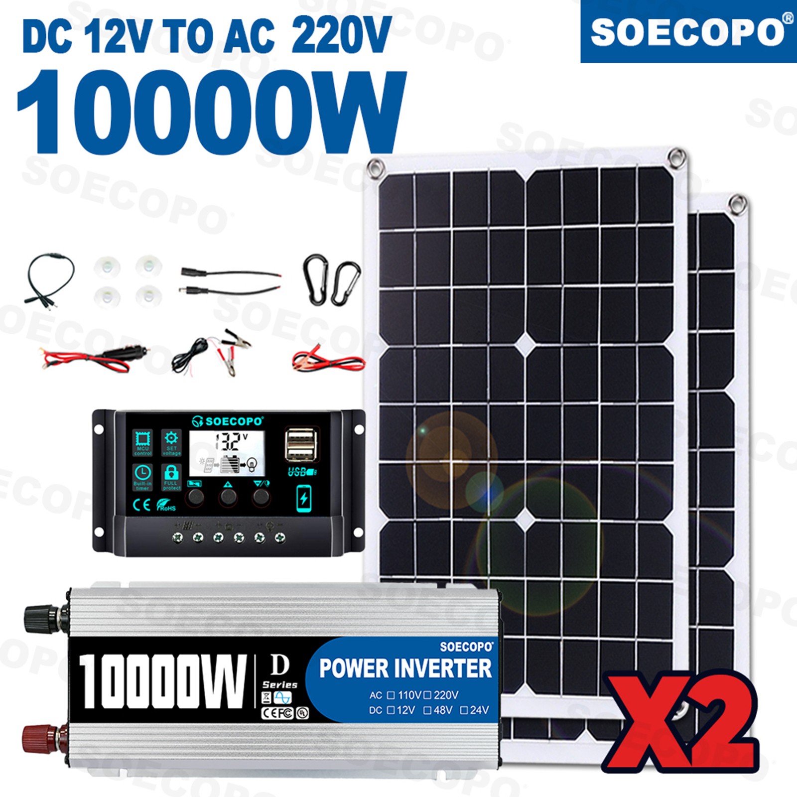 10000W Solar Power Kit 12V-110V/220V + 2pcs Solar Panels + 100A ControllerxY