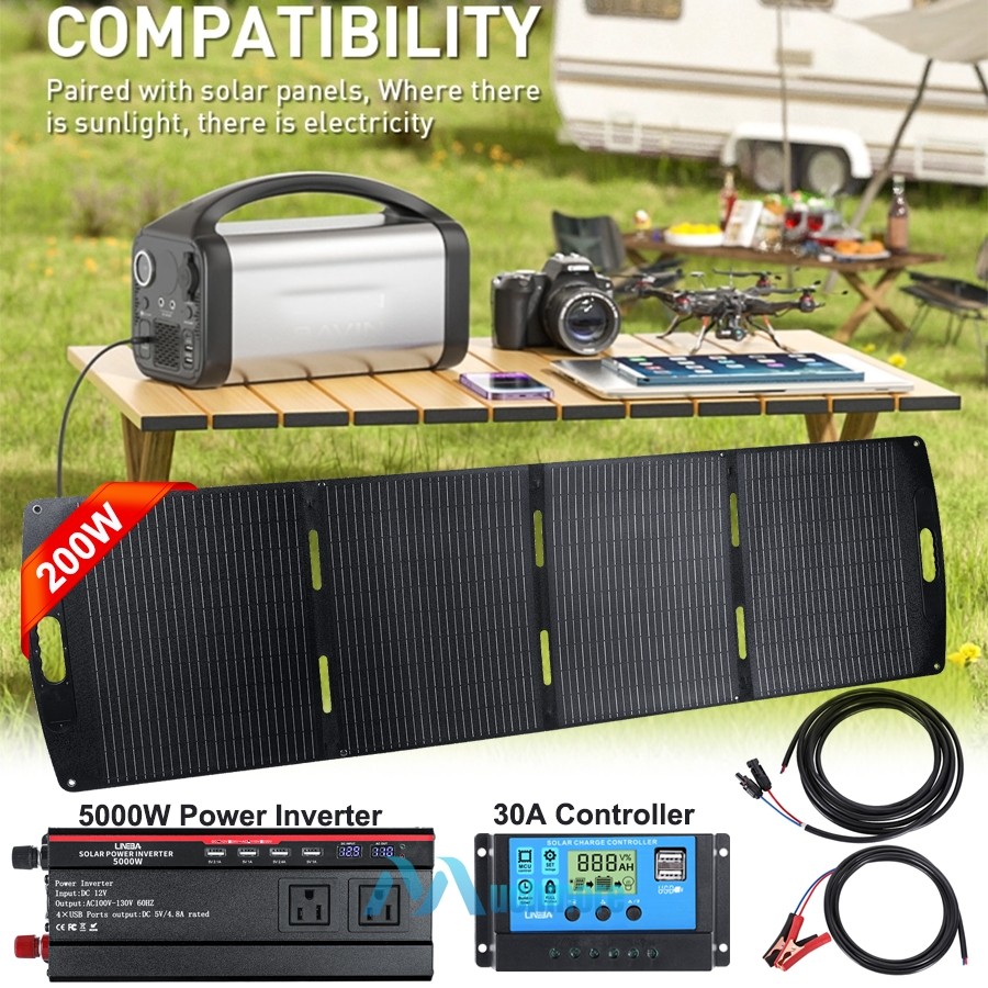 5000W 110V Power Inverter With 200W Foldable Solar Panel Solar Generator Home RV