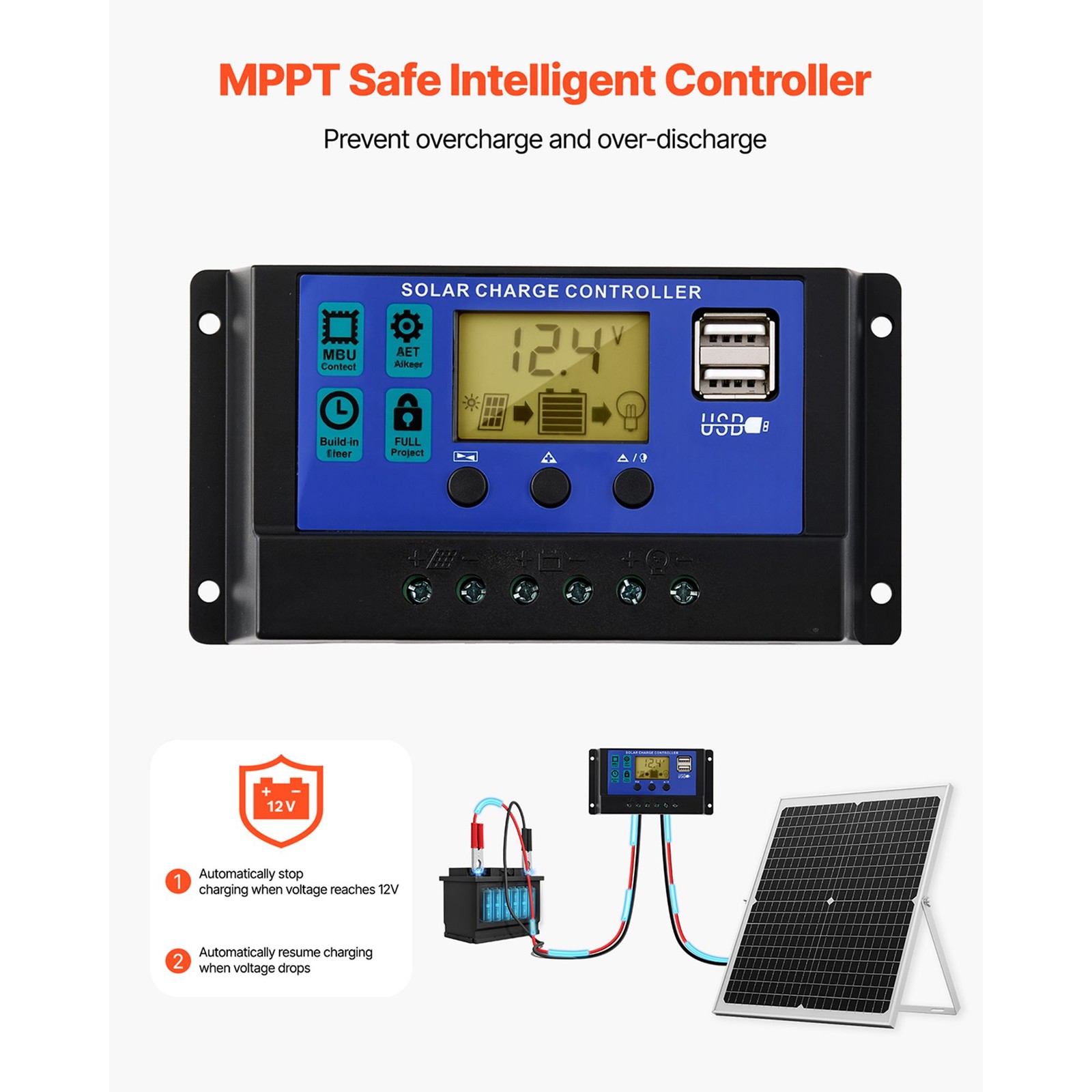 30W 12V Solar Charger IP67 Waterproof MPPT for RV Boat Car