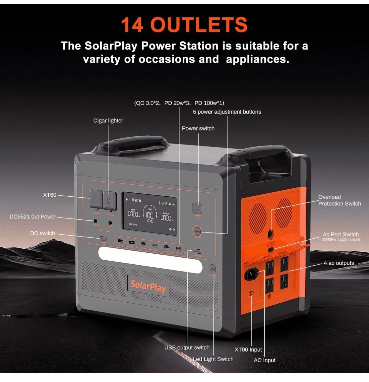SolarPlay Q2402M Portable Power Station 2304Wh LiFePO4 2500W Solar Generator