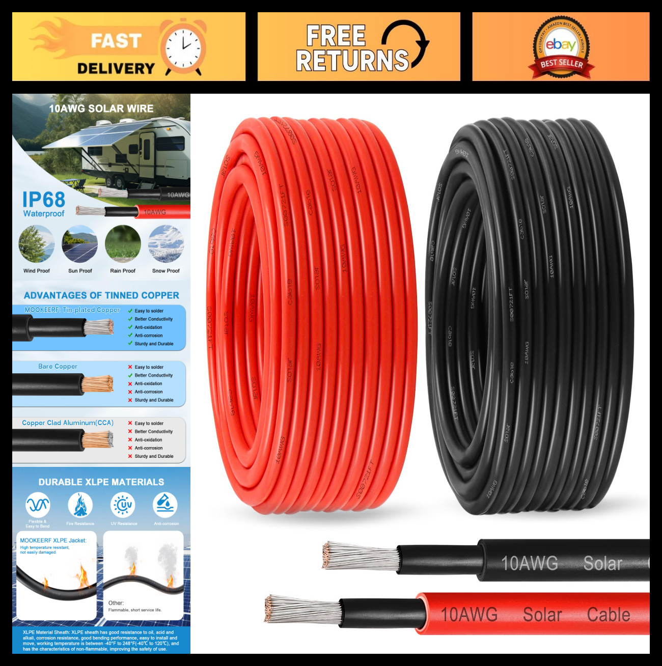 10 AWG Solar Panel Wire 100Ft Extension Cable – Tinned Copper PV Wire for RV, Bo