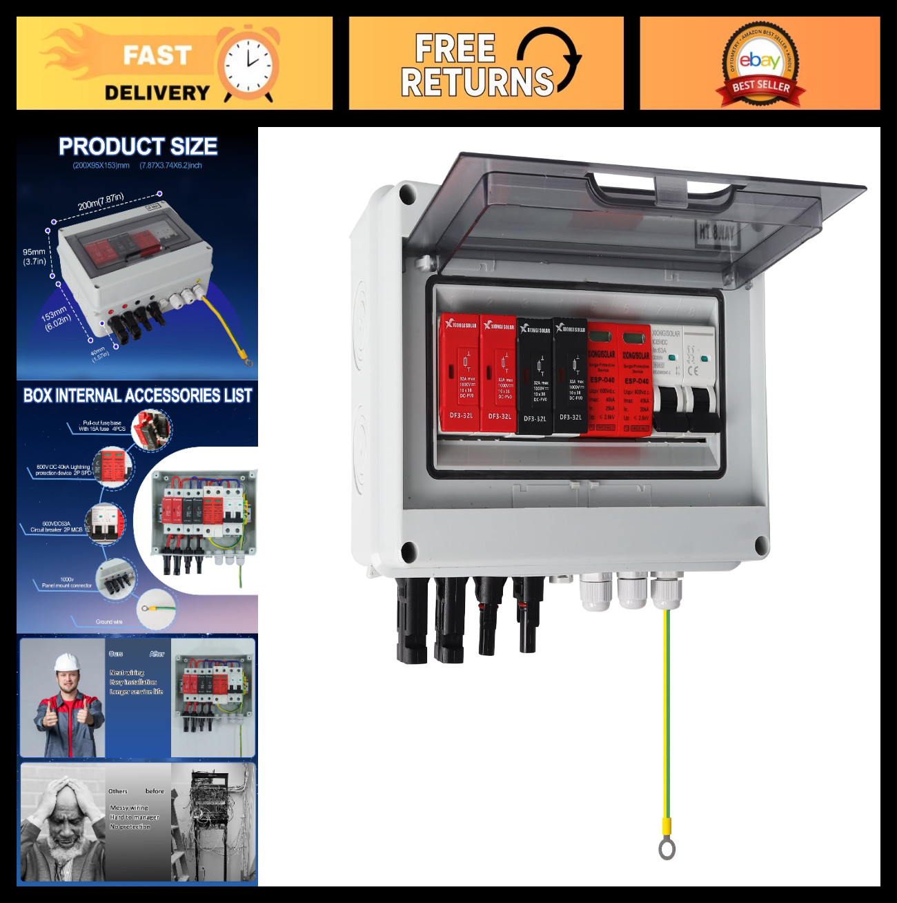 600V Solar Combiner Box, 2 Inputs 1 Output, 15A Fuse, 63A Circuit Breaker, SPD,