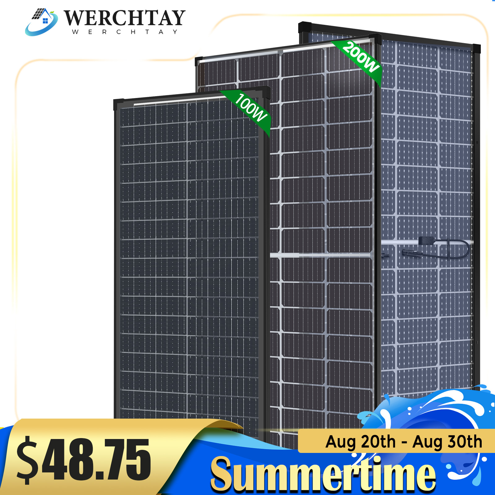100W 150W 200W 300W 400W Watt Solar Panel Mono Home Charging RV Camping Battery
