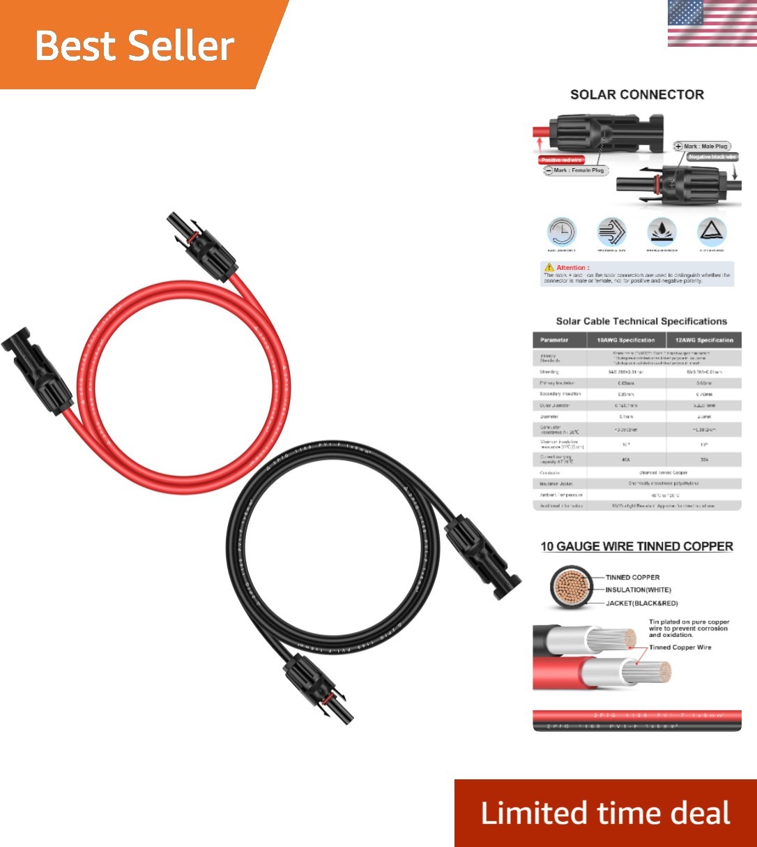 10AWG 6ft Solar Panel Extension Cable – Black & Red, UV & Weather Resistant