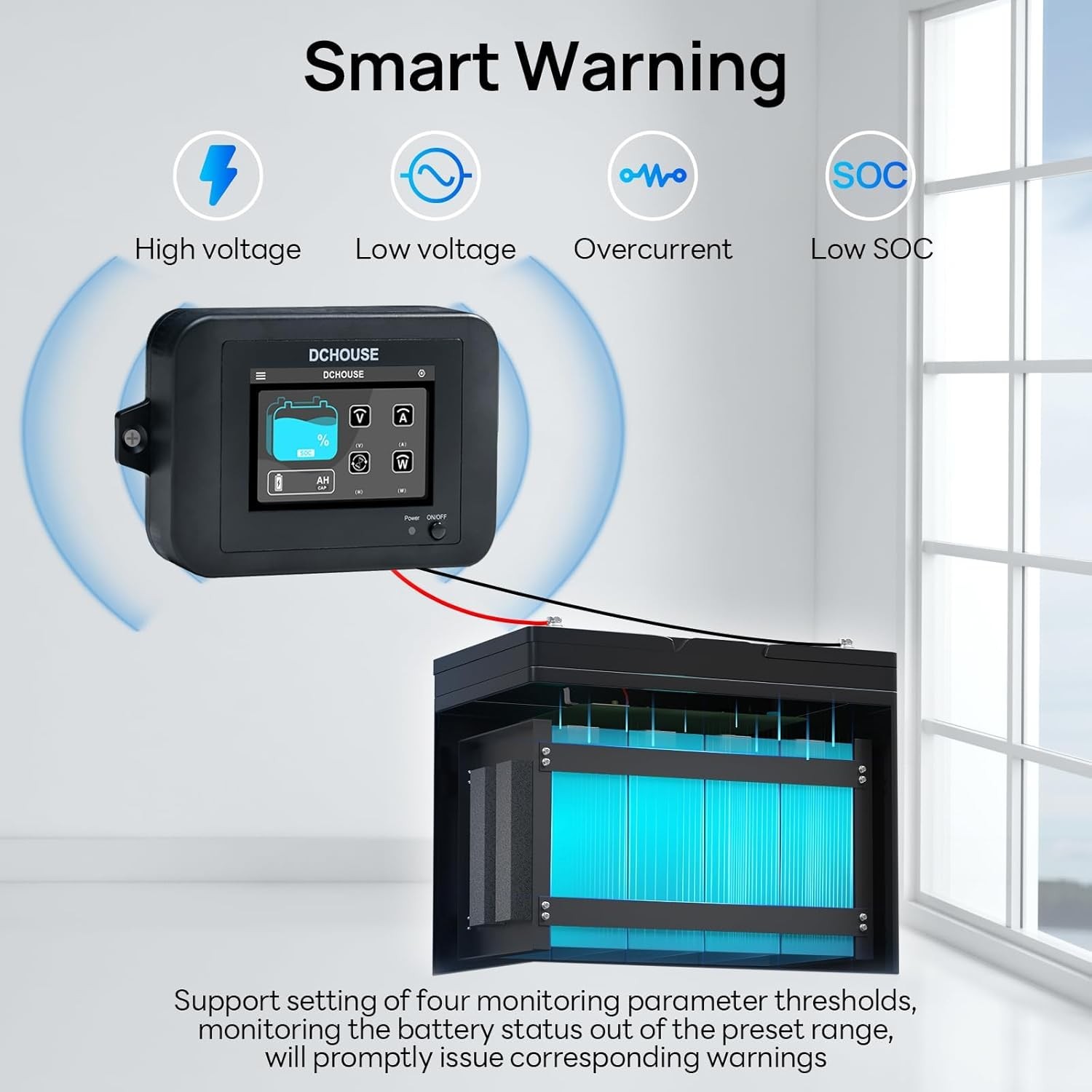 DC HOUSE 4-Way Bluetooth Lithium Battery Monitor Range 8-75V & Custom Alarm