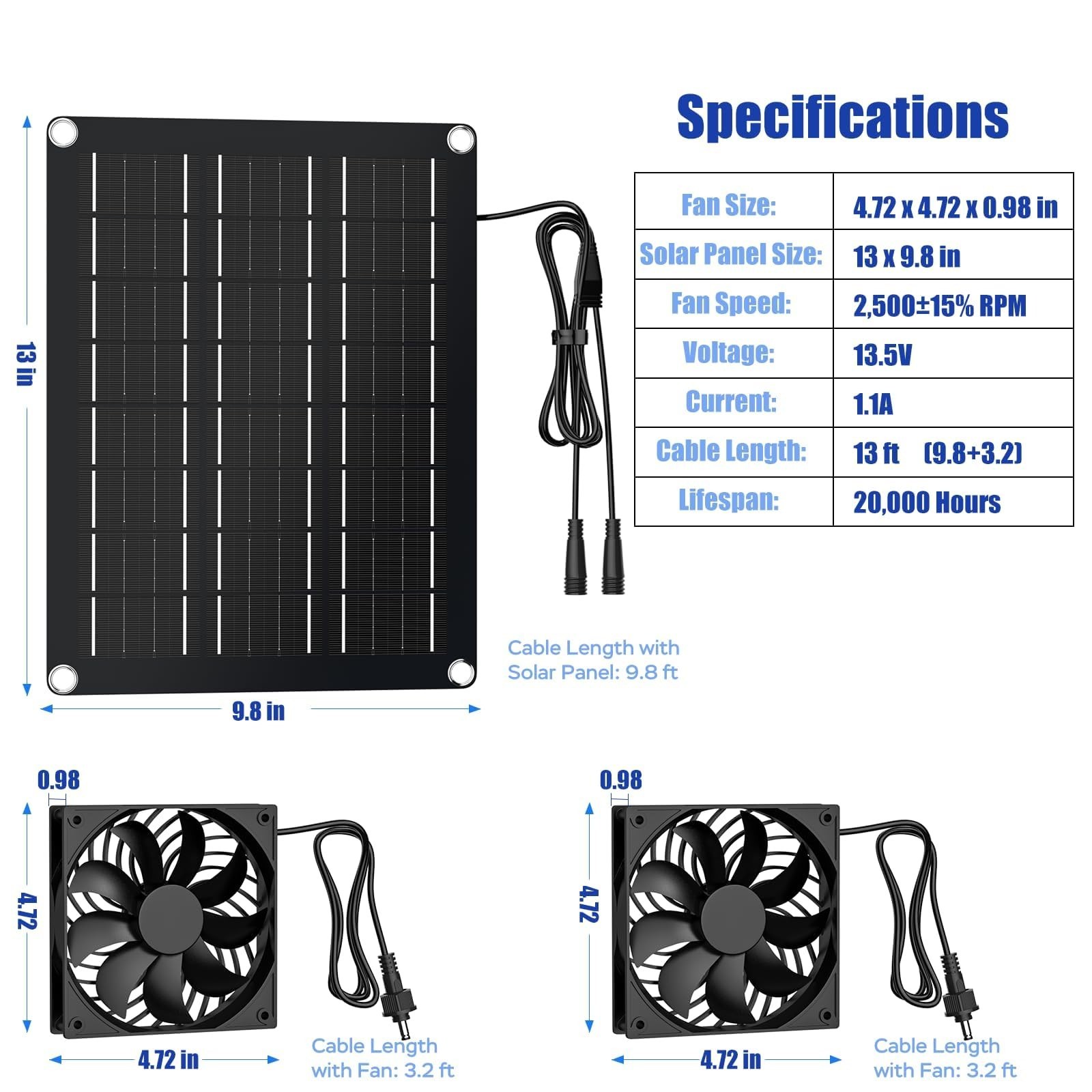 4.7″ Solar Powered Fan Kit – 15W Panel, 2 Waterproof Fans, 13ft Cable for Coops,