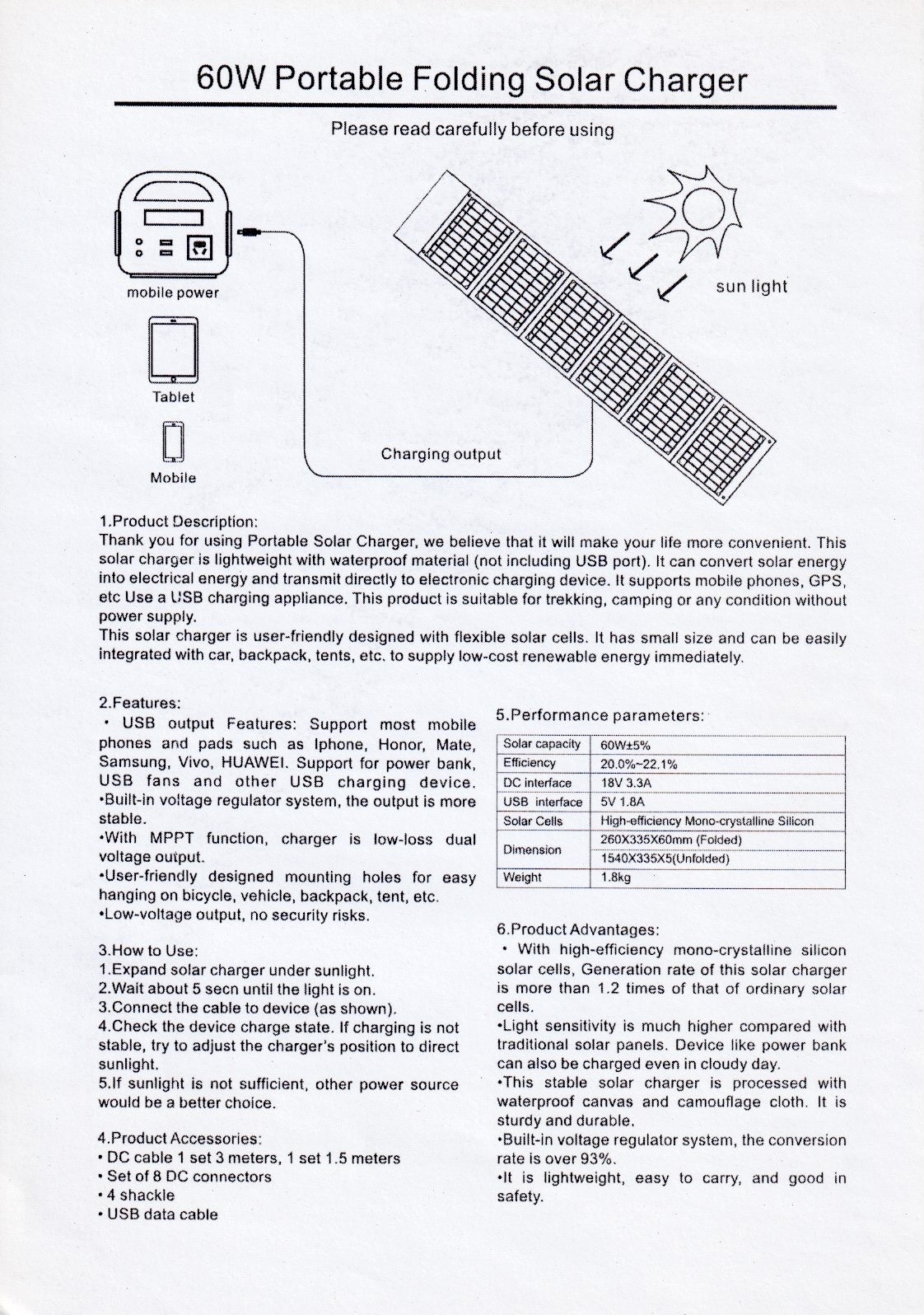 Solar Panel Portable KIT Outdoor, Camping, Hiking, RV- 60W, 5V, USB & 18V KYOKYO