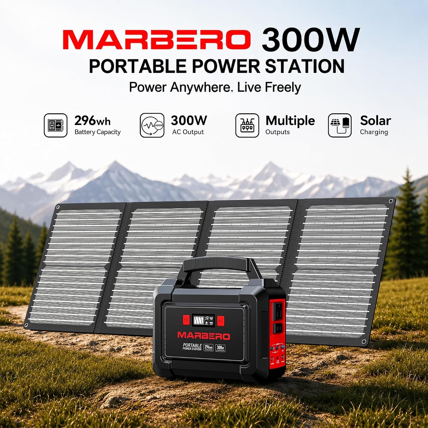 MARBERO 296Wh Solar Generator 300W Pure Sine Wave with 60W Panel