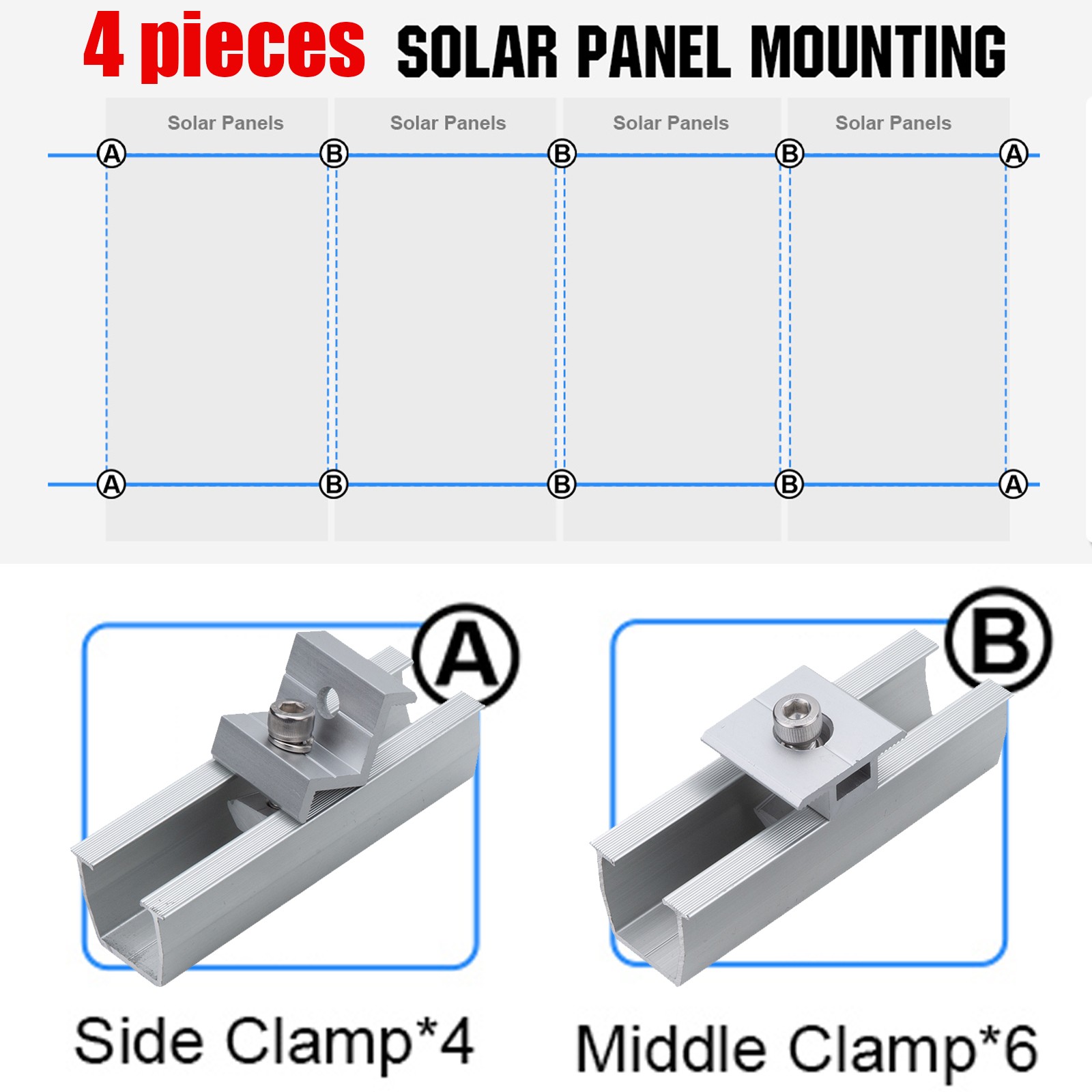 Solar Panel Rail Kit Mounting Bracket Clamp Aluminum For 4x Solar Panels Mount