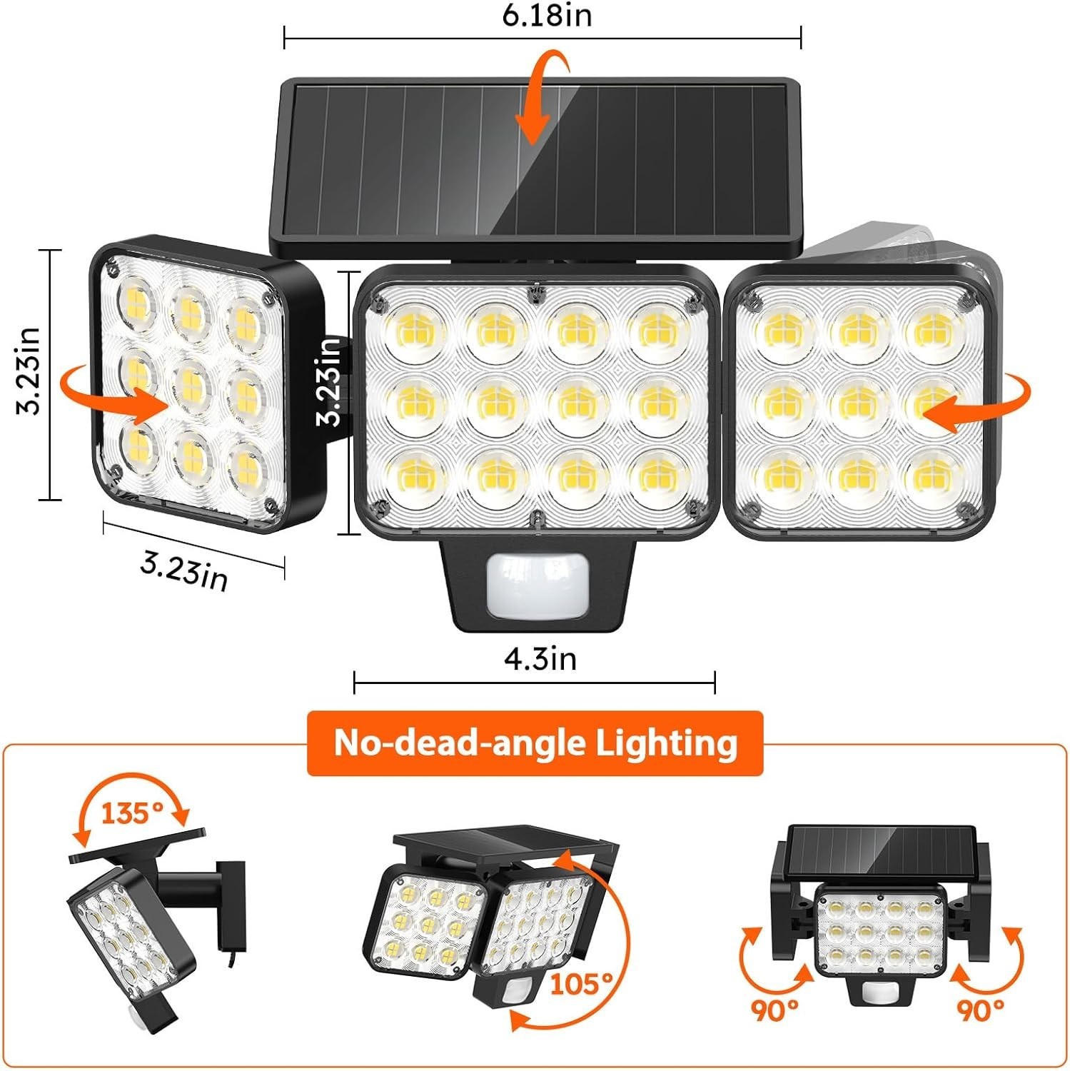 Foco Solar Exterior con Sensor de Movimiento, 3500LM, 3 Cabezales y Panel de Vid