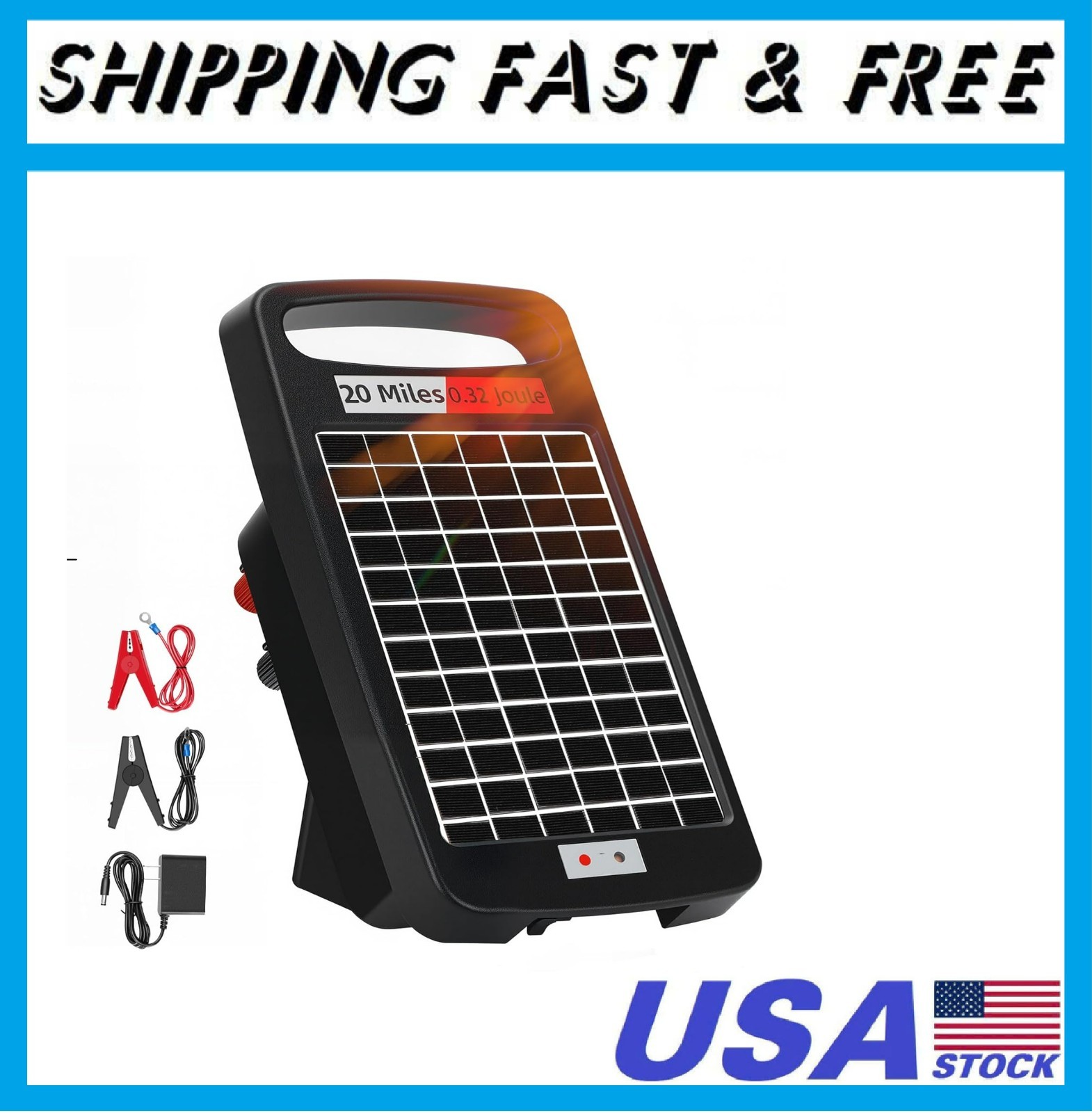 20 Miles Solar Powered Electric Fence Charger – 0.32J Output, 24/7 Day/Night