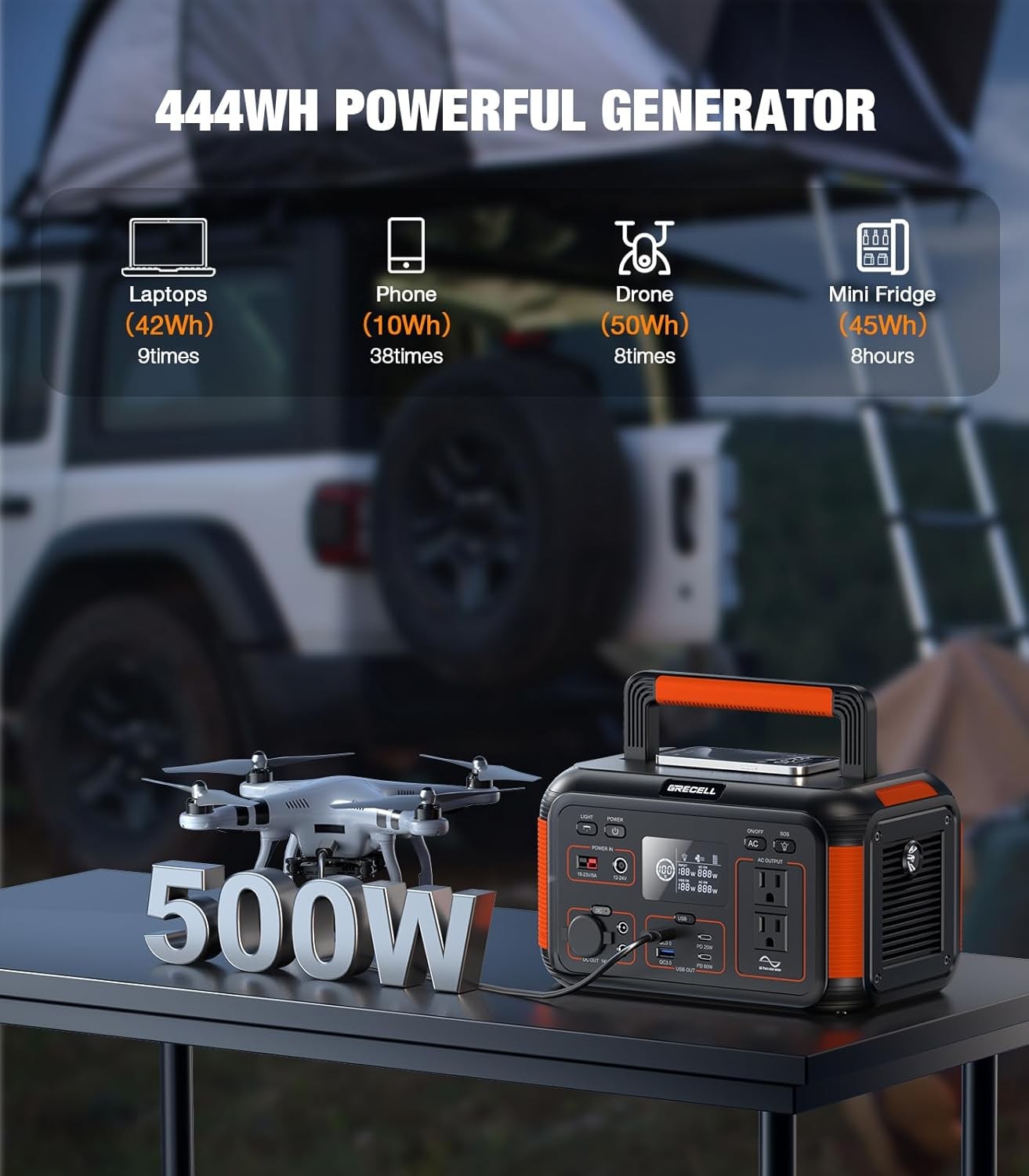 GRECELL 444Wh Solar Generator 500W Peak 110V Pure Sine Outlet