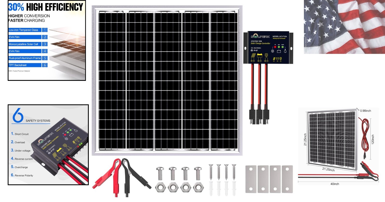 Solar Panel Kit 50W 24V, Intelligent Waterproof 10A PWM Controller, Home Outd…