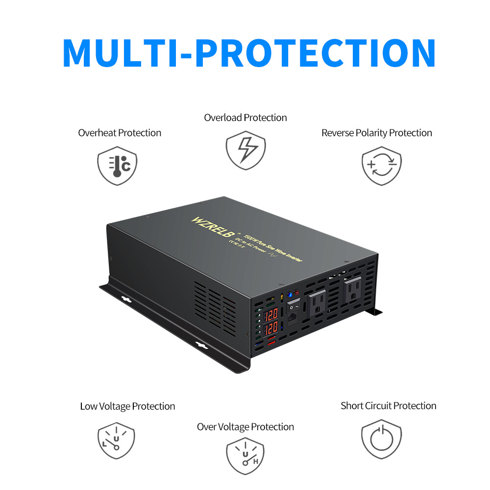 Pure Sine Wave Inverter Power Converter 1500W 12V DC to AC 120V Car Solar Remote