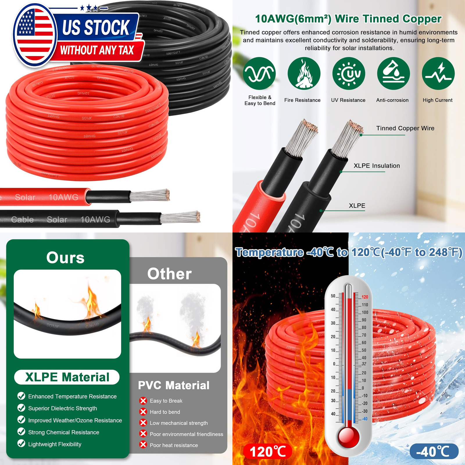 Solar Panel Wire 10 AWG Tinned Copper 30Ft Red Black PV Extension Cable Marine