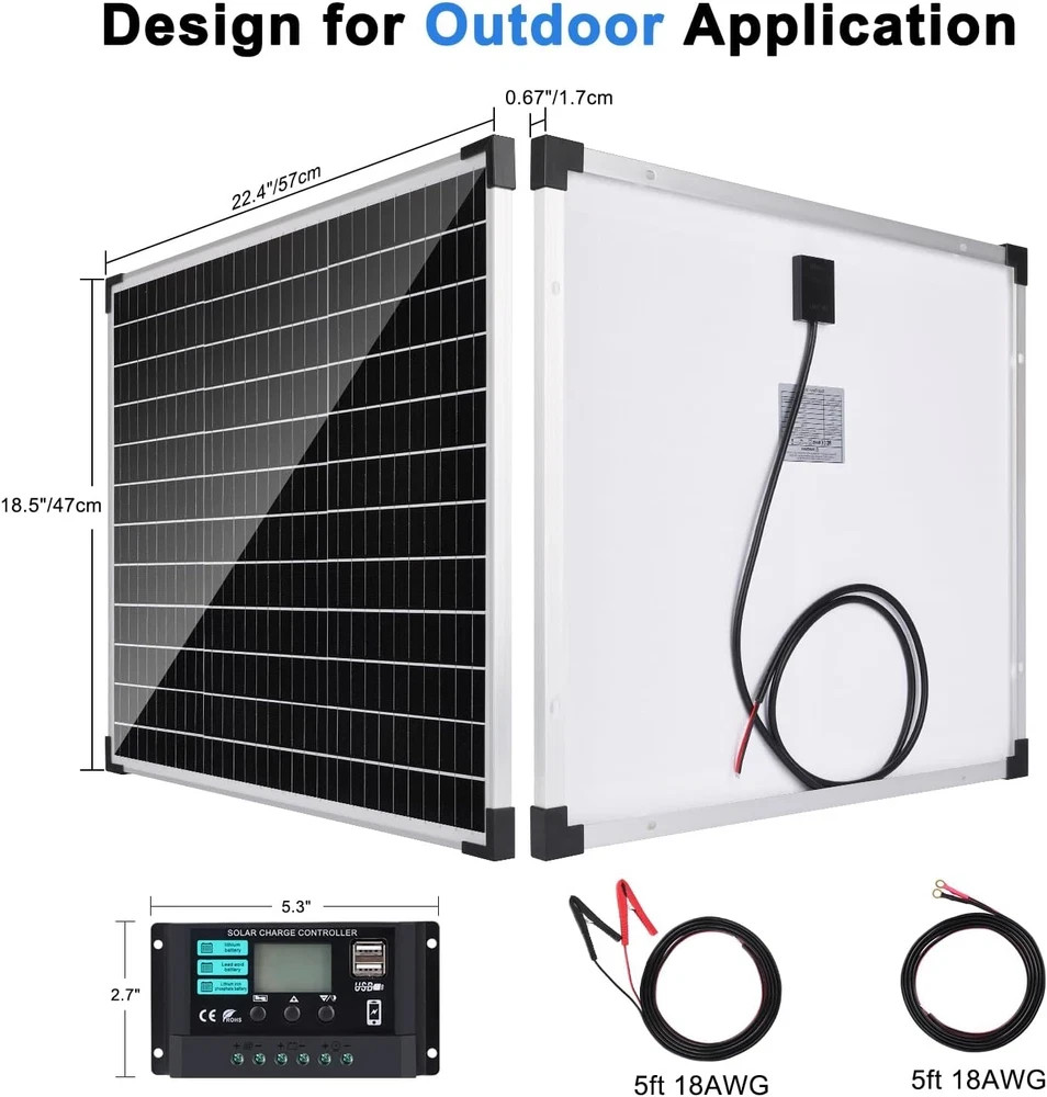 50W Solar Panel Kit with 10A Controller for RV, Boat, and Off-Grid Use