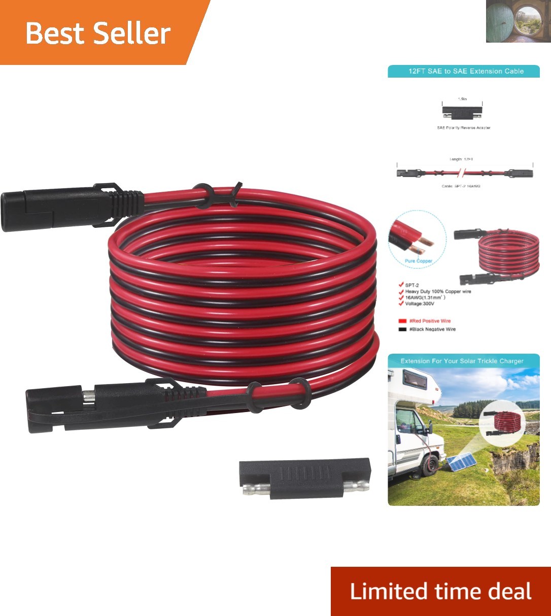 SAE 16AWG 12FT Heavy Duty Extension Cord for Reliable Solar Charging Solutions