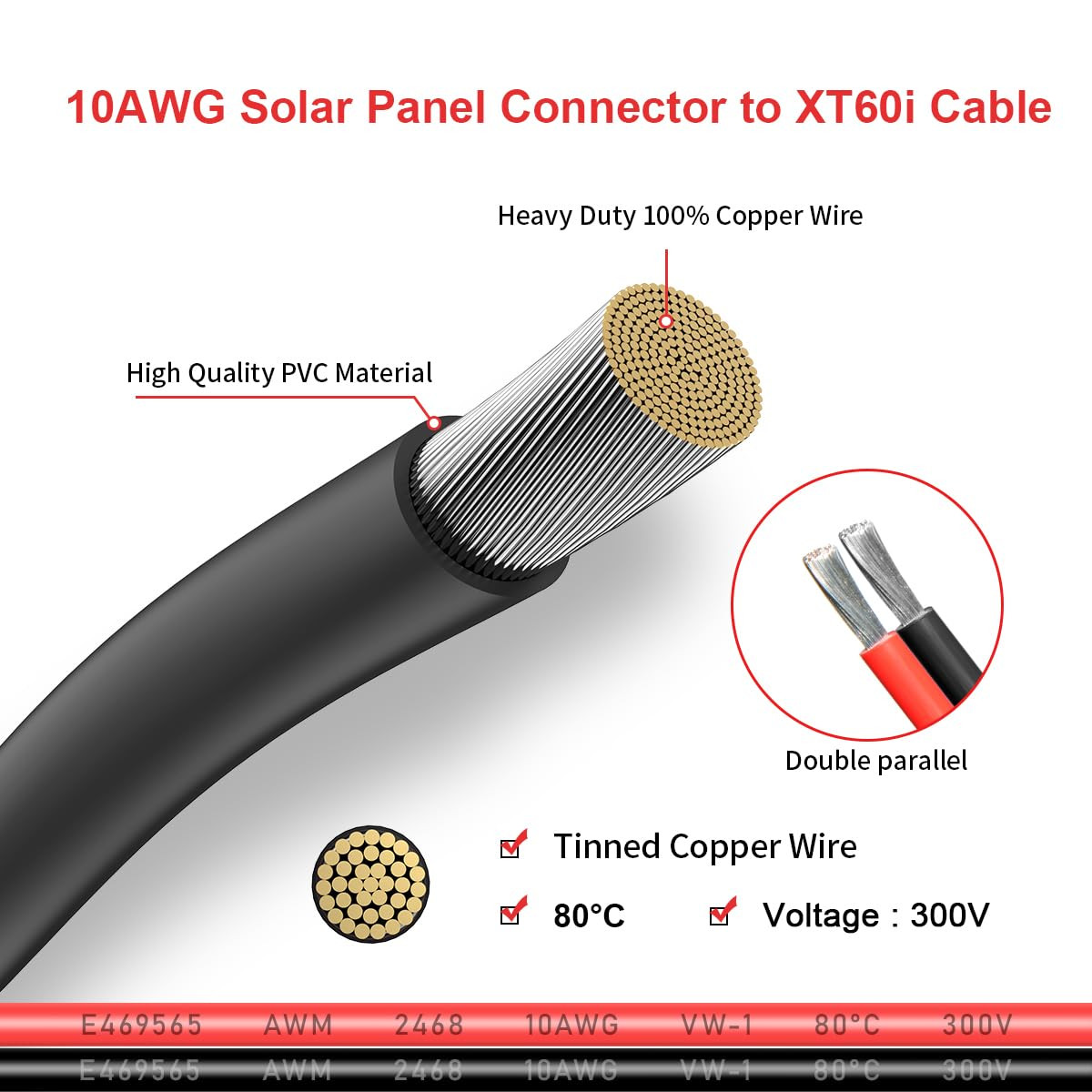10AWG Solar to Xt60I Charging Cable Solar Panel Extention Cable for Portable Pow