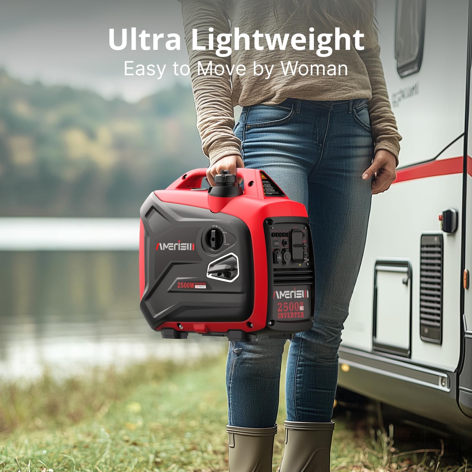 AMERISUN 2500W Portable Inverter Generator, Gas Powered Generator with CO Sen…