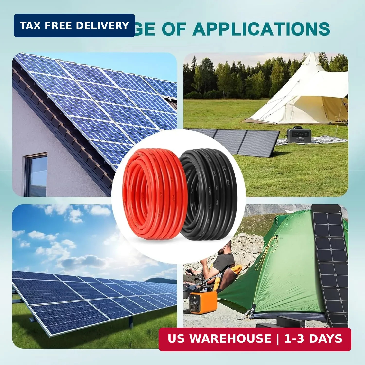 10AWG Solar Wire 6mm², 2 Pack 50FT Red & Black Solar Panel Cable, 84 Strands Tin