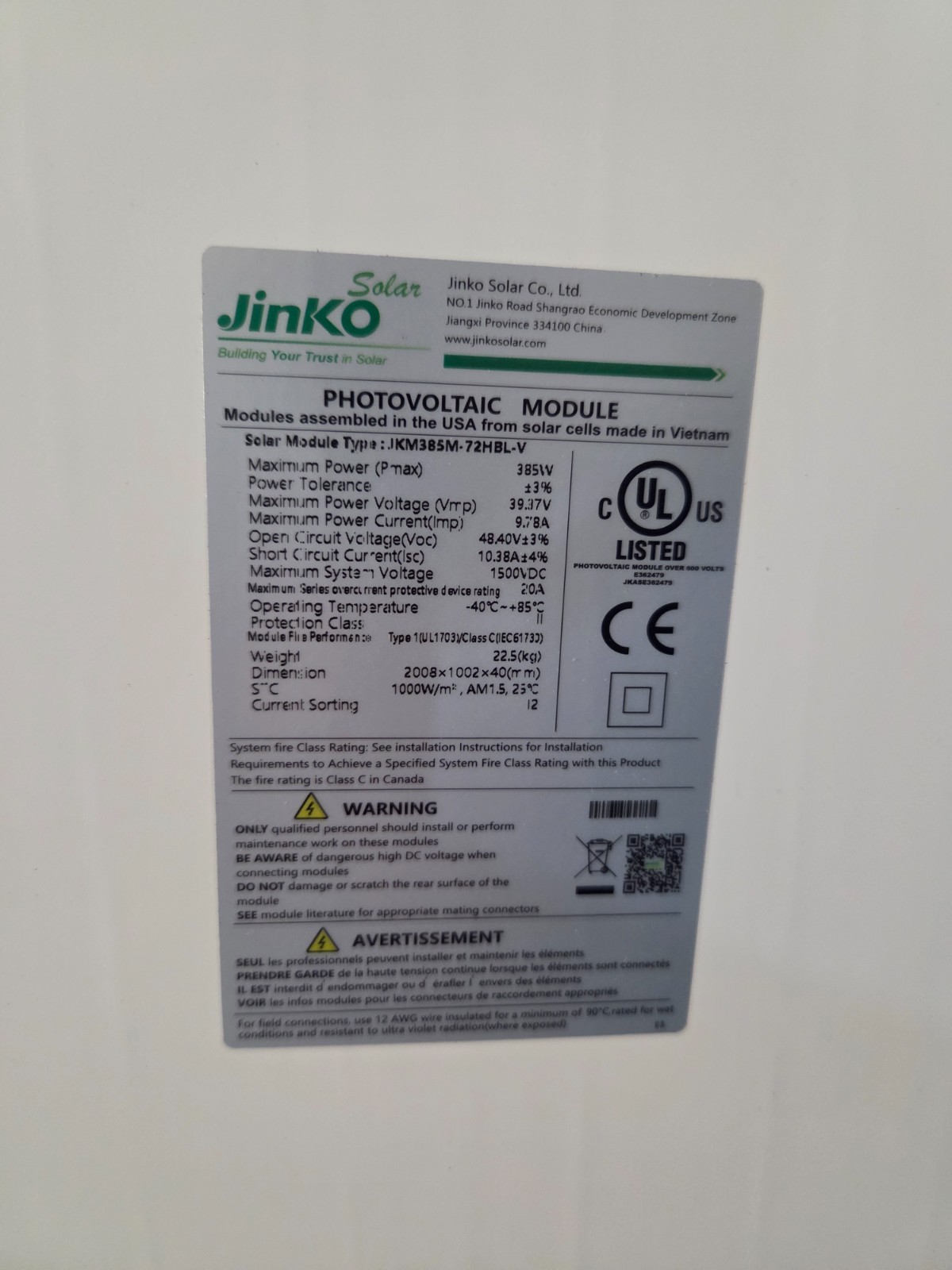 385W JINKO JKM385M-72HBL-V Monocrystalline NEW solar modules, panels
