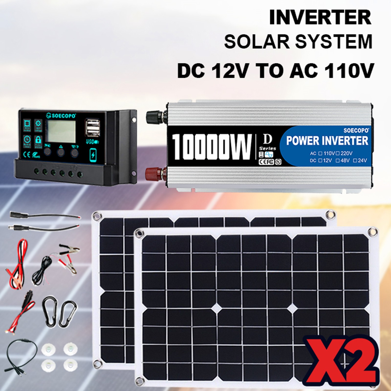 10000W Solar Power Kit 12V-110V/220V + 2pcs Solar Panels + 100A ControllerxY