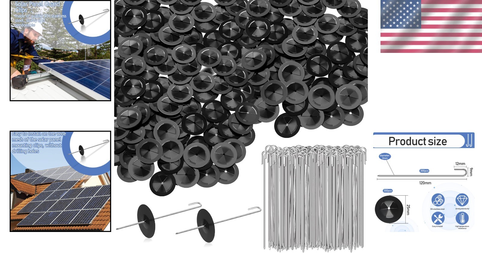 300-Pack Stainless Steel Solar Panel Guard Clips for Bird and Animal Protection