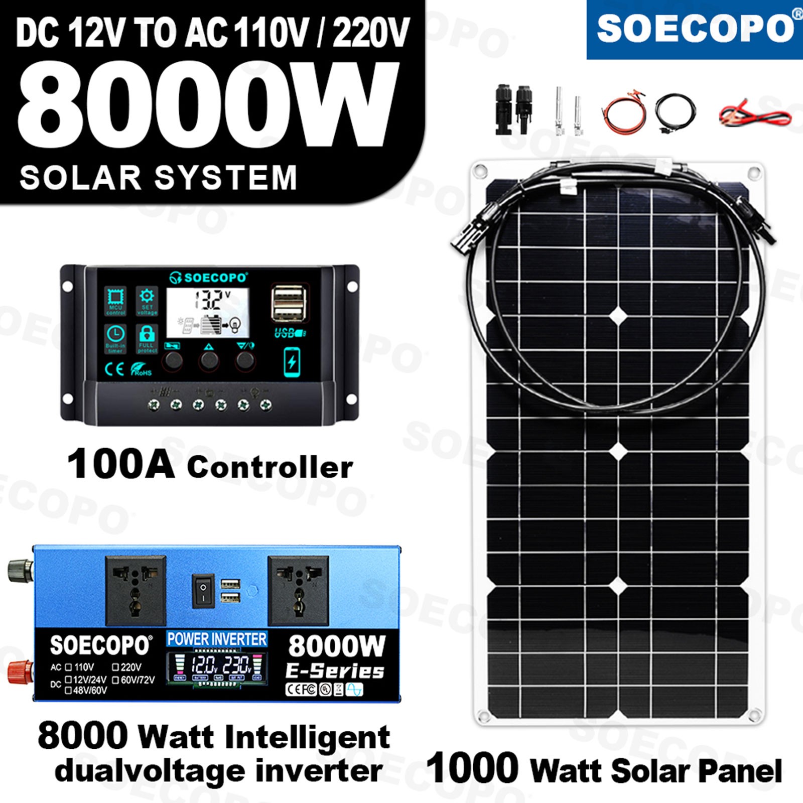 SOECOPO 8000W Peak Solar System Kit Flexible Panel 100A Controller 12V 110V 220V
