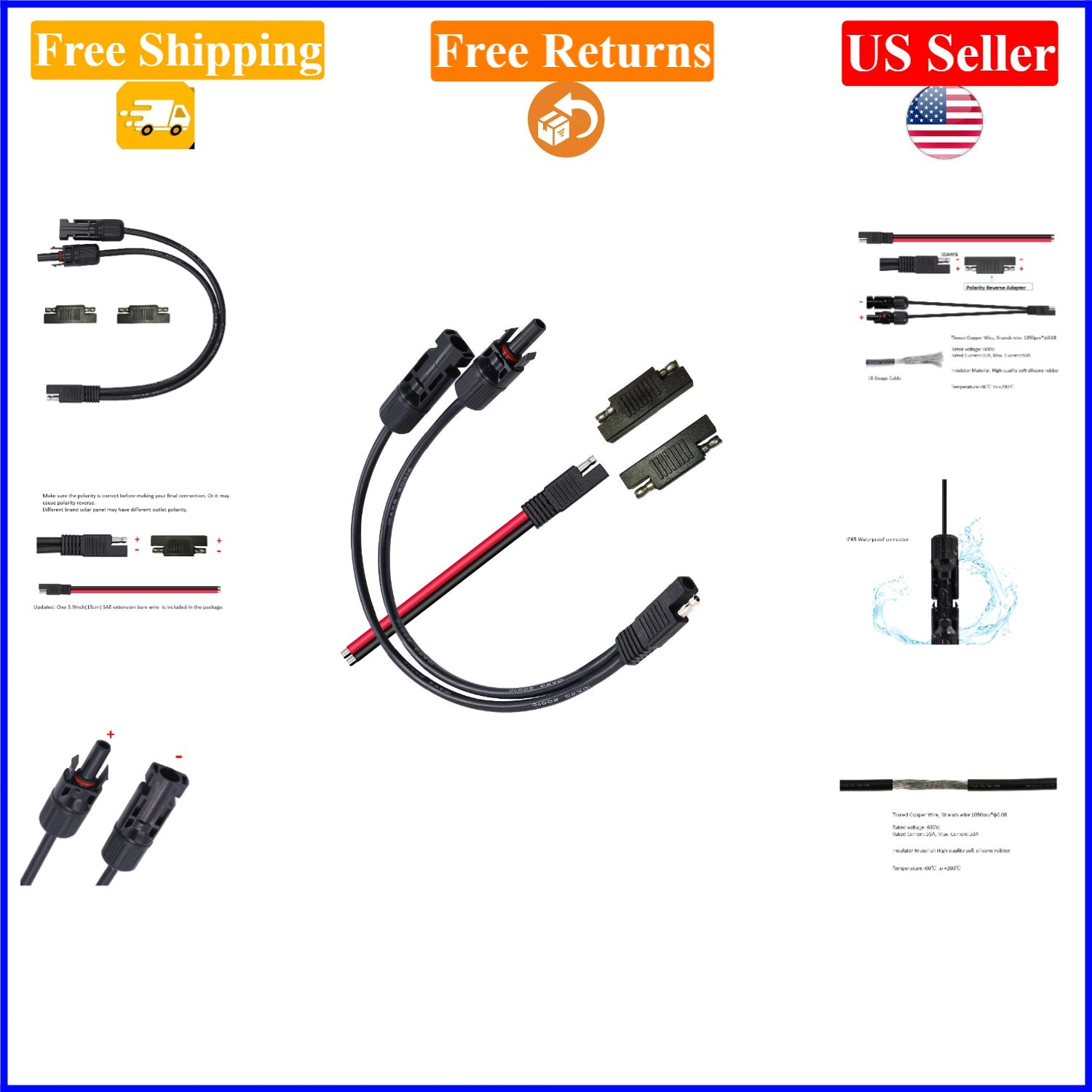 10AWG Solar Panel Connectors with MC-4 to SAE Adapter, Weatherproof, 13.8in