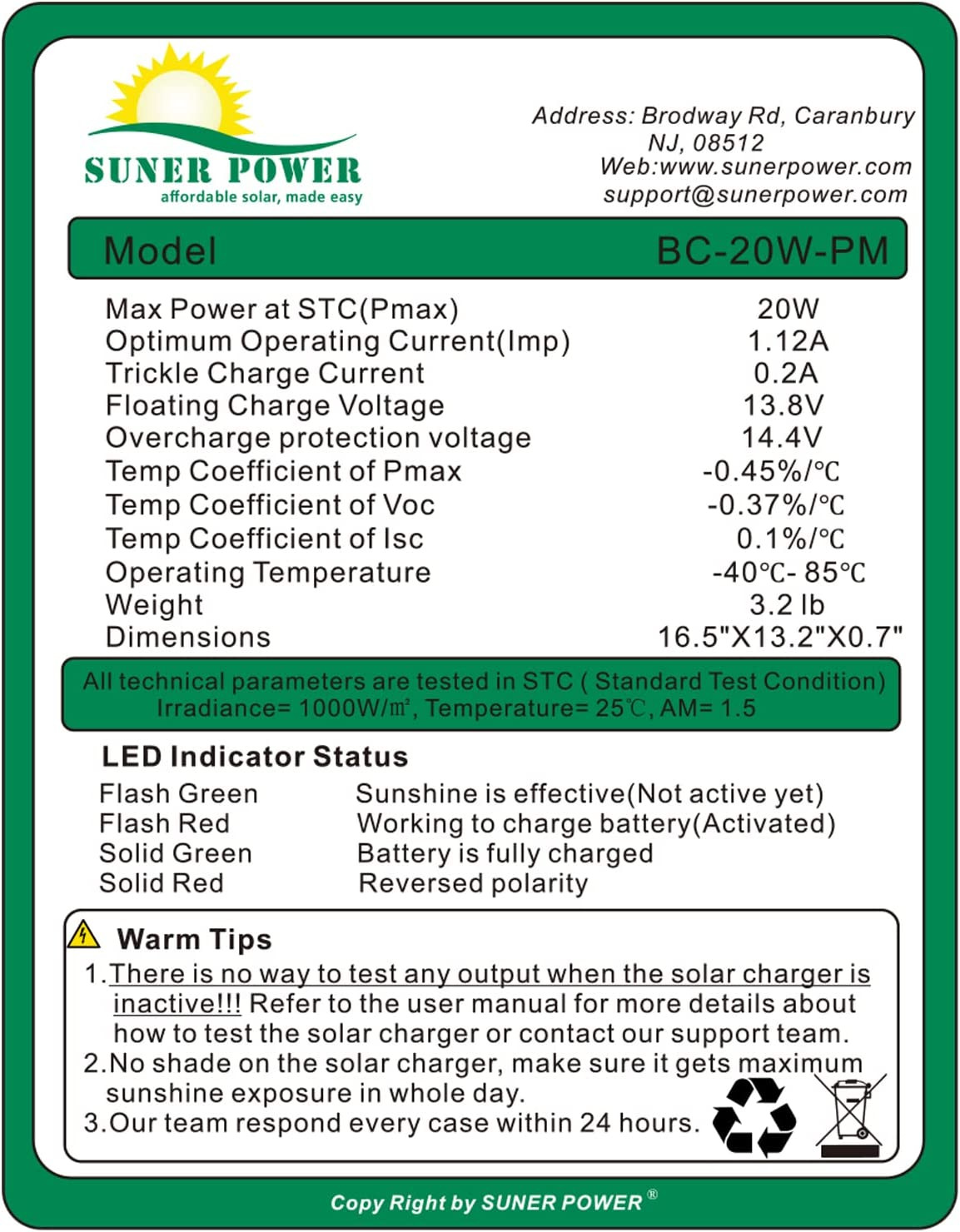 12V Waterproof Solar Battery Trickle Charger & Maintainer