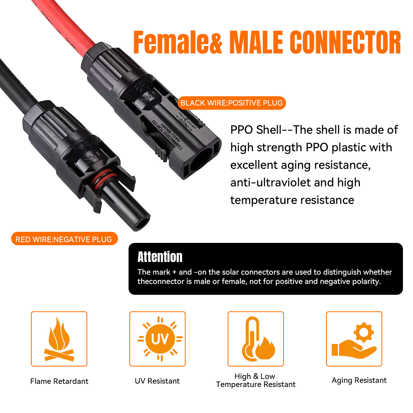 50ft Black + Red 10AWG Solar Panel Extension Cable Flexible Wire Connectors
