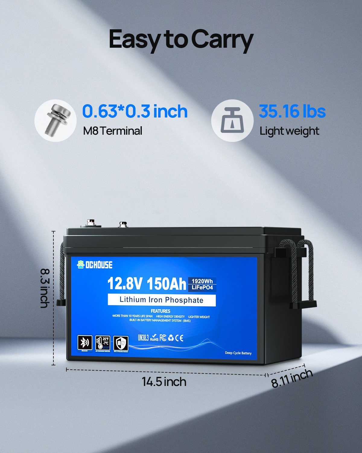 12V 150Ah LiFePO4 Battery Status Indicators Bluetooth Portable Boat RV Solar