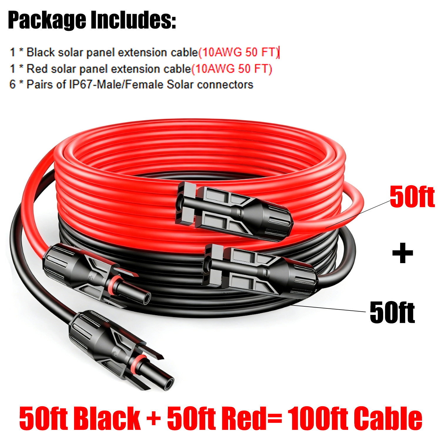 100FT 10 AWG Solar Panel Extension Cable PV Wire +Pair Solar Connectors 6mm²