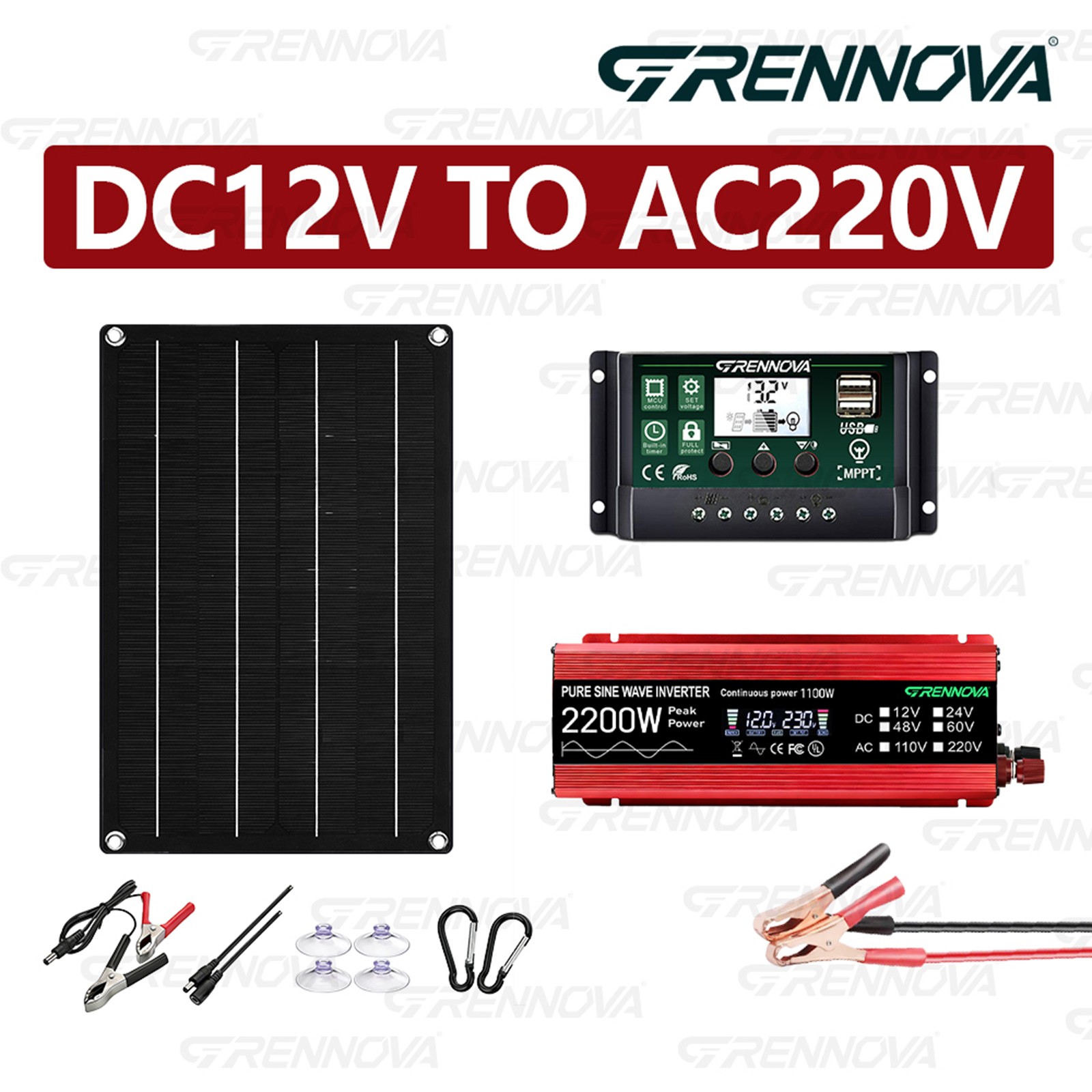 Grennova 2200W Off-Grid Solar Kit 50W Panel 60A MPPT Dual Voltage Inverter