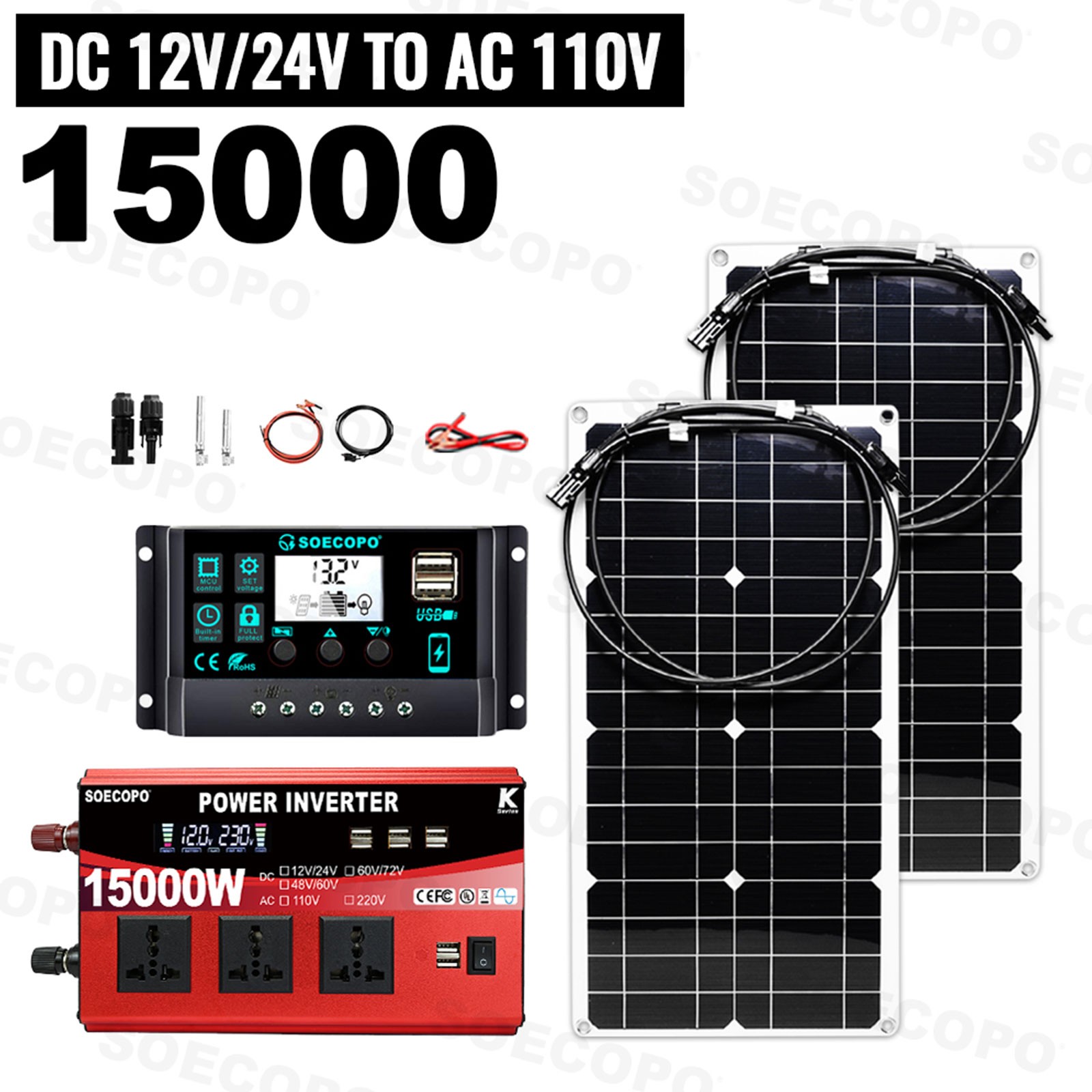 15000W Peak Solar System Kit 2pcs Flexible Panel DC12V/24V AC110V/220V Inverte9z