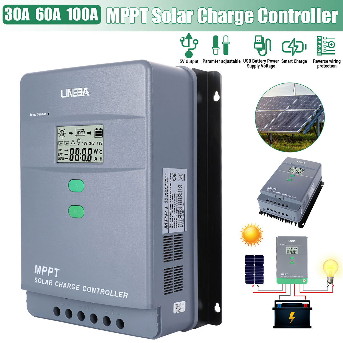 10-100A MPPT Solar Panel Regulator Charge Controller Auto Focus Tracking 12V/24V