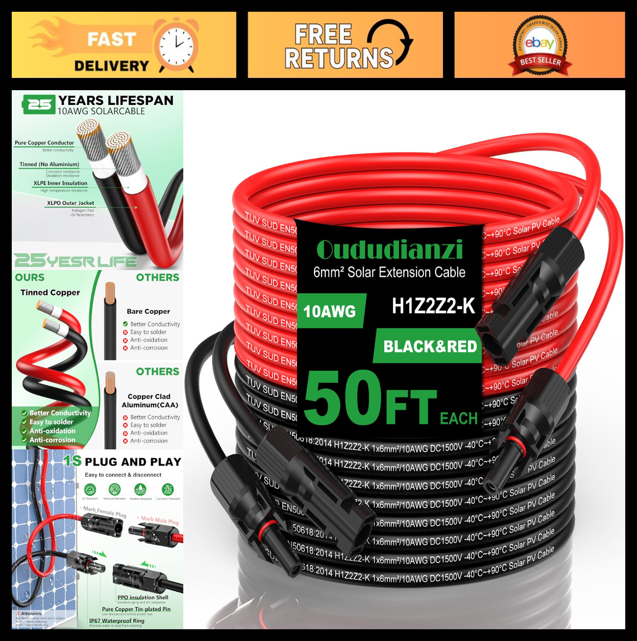 50Ft Solar Extension Cable 10AWG Tinned Copper Wire for Solar Panels, RV, Boat,