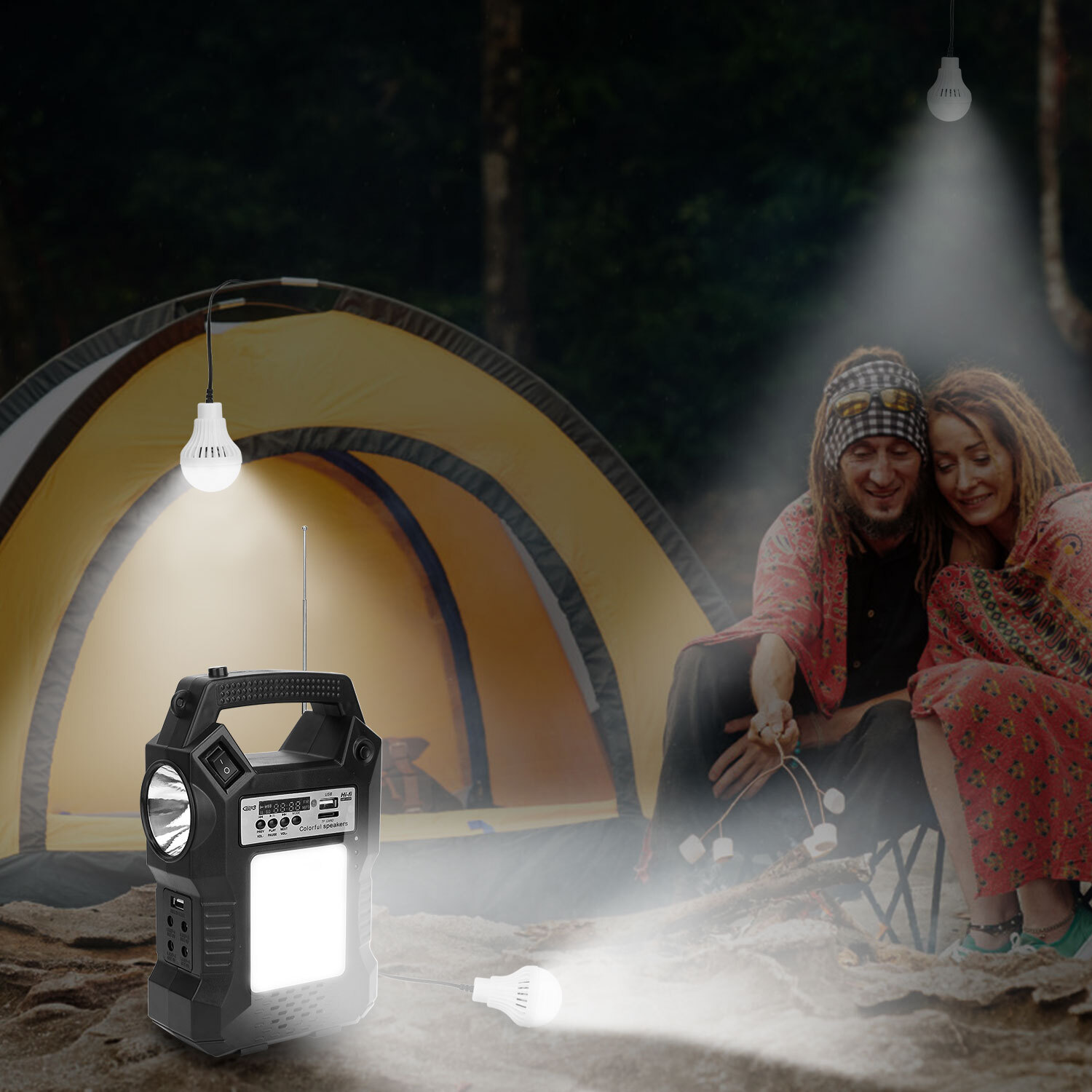 Portable Solar Power Bank Station Generator Flashlight FM Radio Outdoor Camping