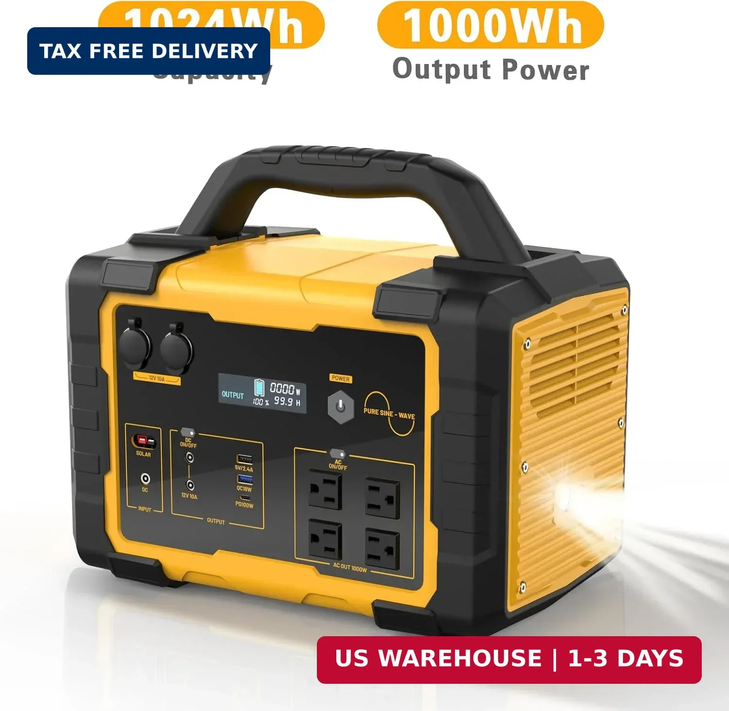 1000W Portable Power Station 1024Wh LiFePO4, (2000W Peak) Backup Battery, Solar