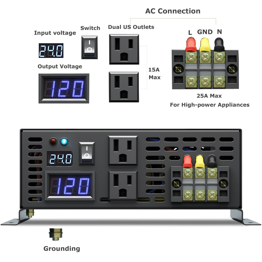 2000W Power Inverter Pure Sine Wave Inverter 24V 110V 120V Car Truck Boat Solar