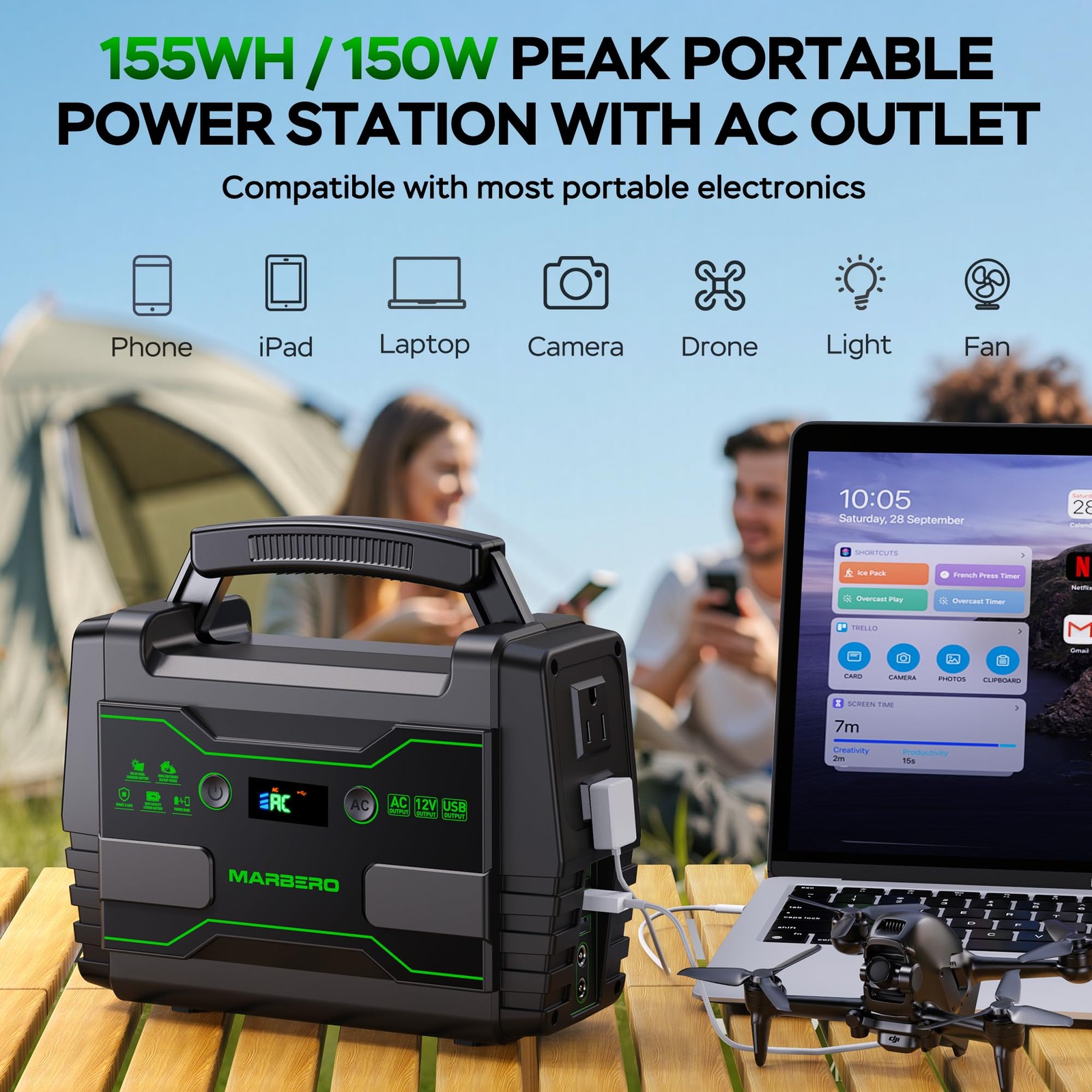 Portable Power Station 155Wh Camping Solar Generator 100W with AC DC and USB …