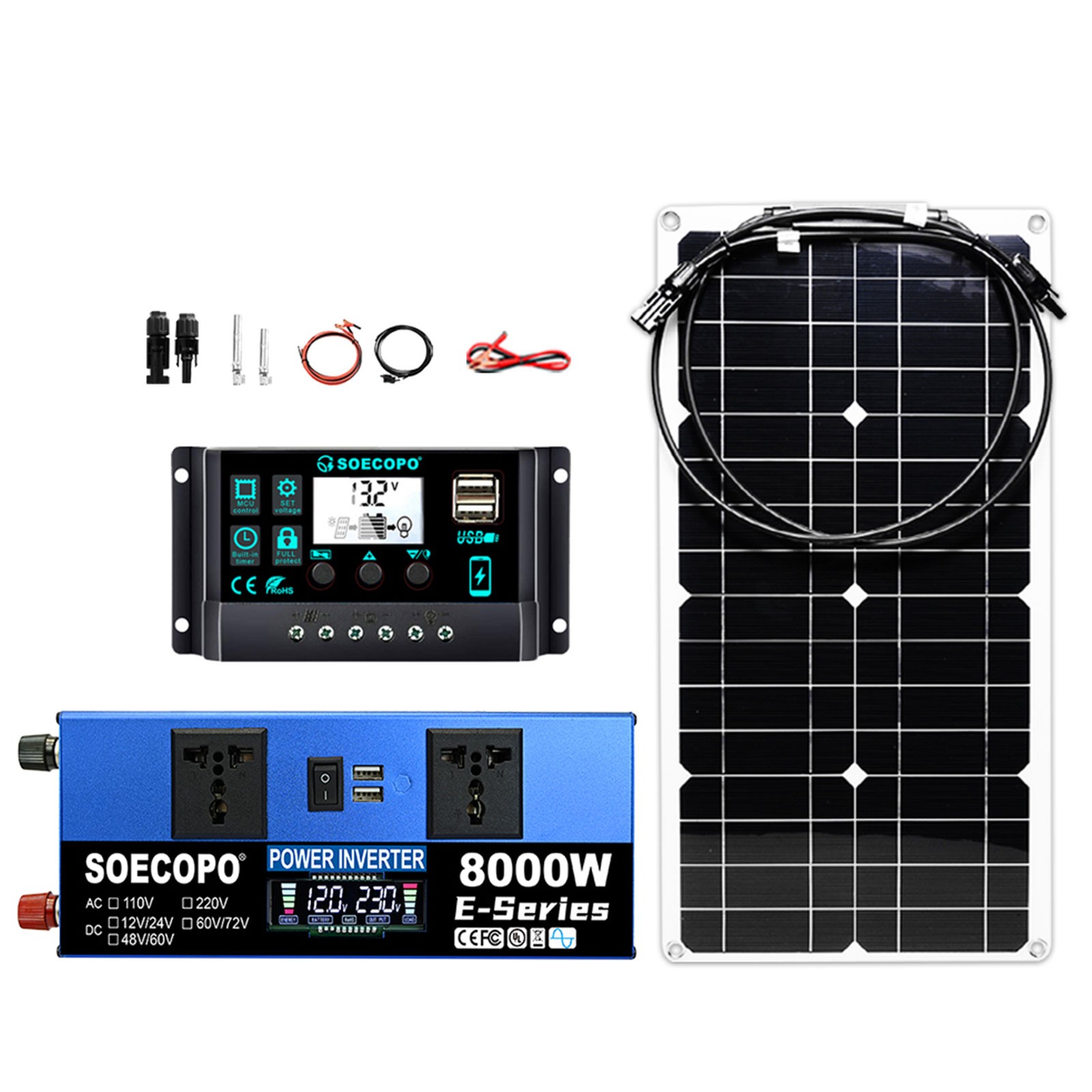 SOECOPO 8000W Peak Solar System Kit Flexible Panel 100A Controller 12V 110V 220V