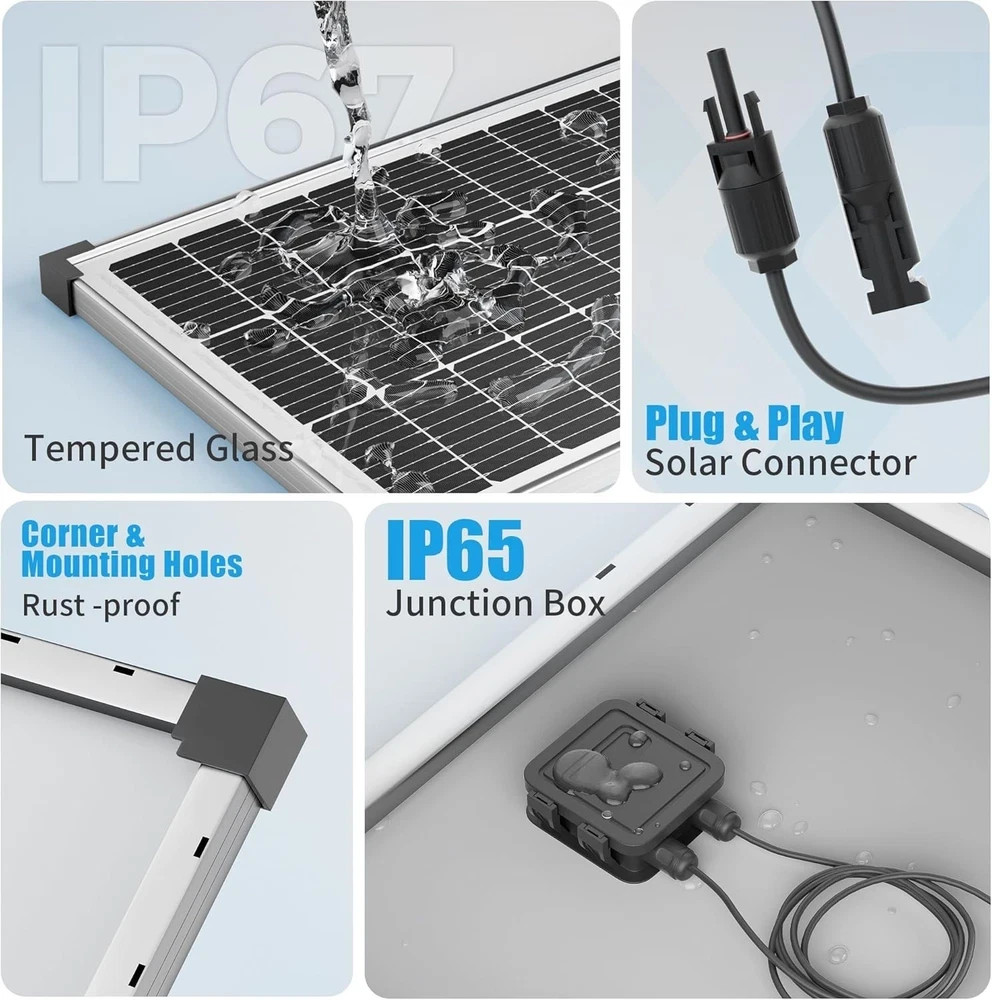 Solar Panel Charger Kit: 100W 12V Solar Panel with 20A Solar Charge Controller,