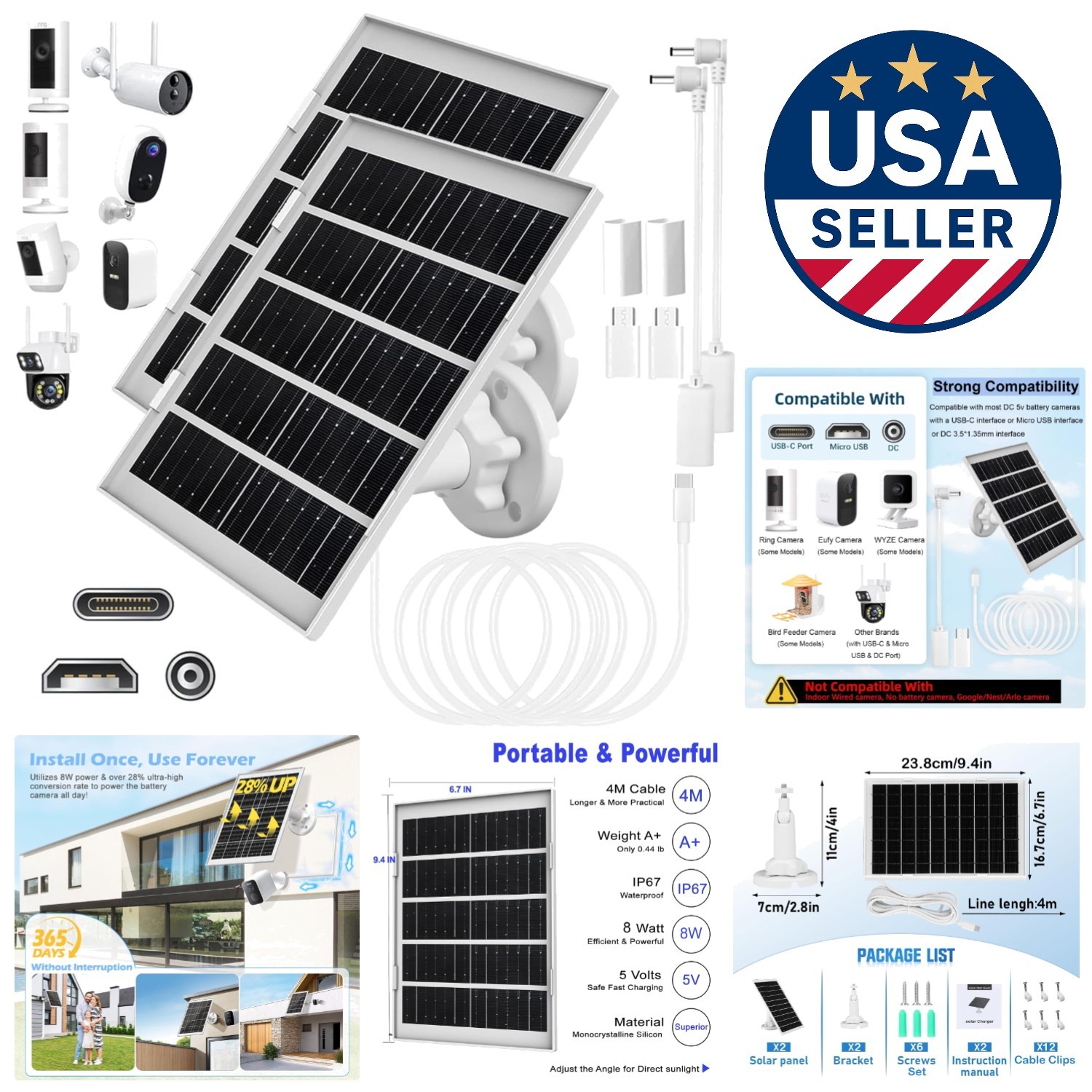 Fast Charging 8W Solar Panel for Bird Feeder Cameras – 360° Adjustable & 2 Pack