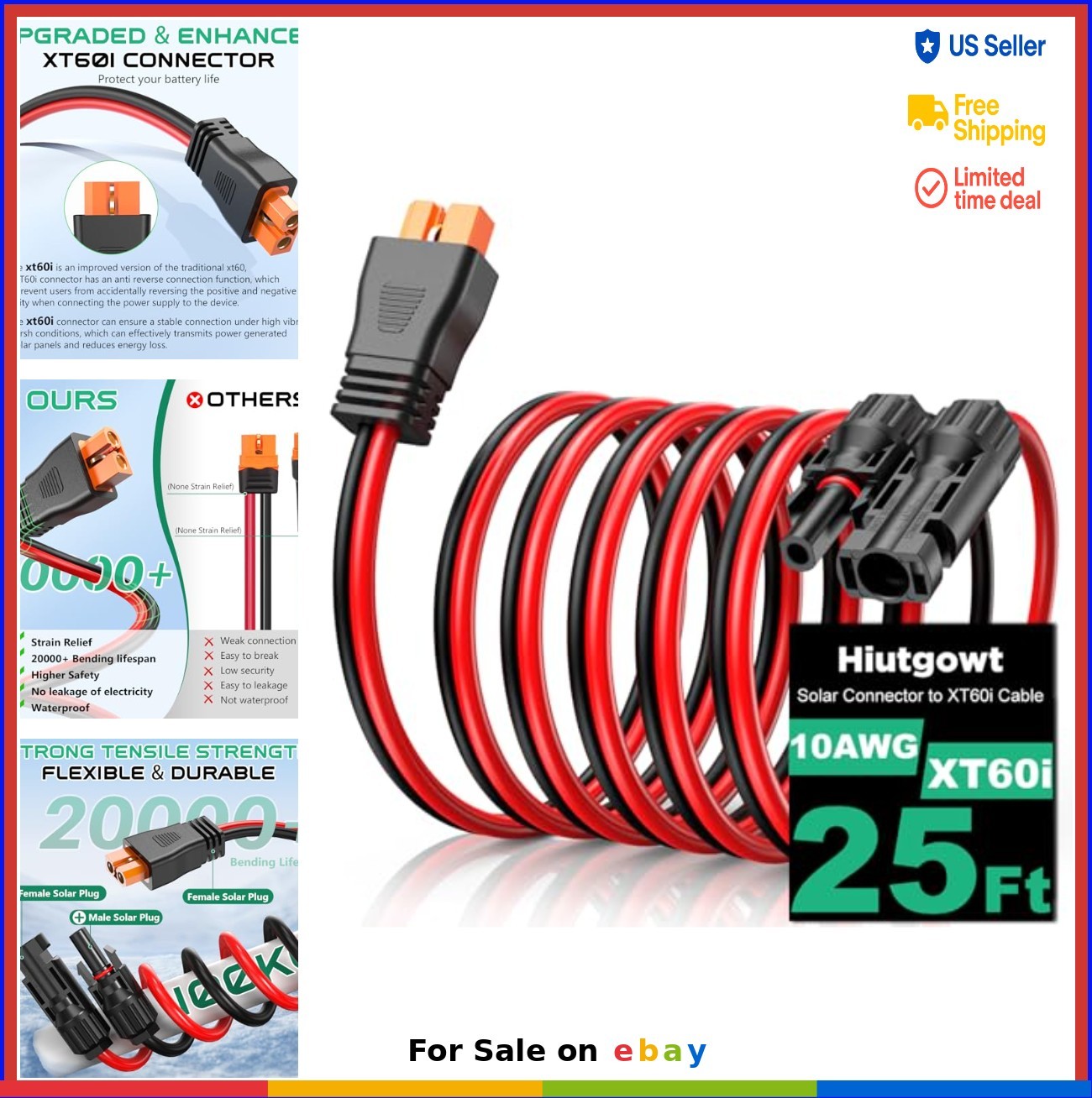 10AWG XT60i Solar Cable 25FT Solar to XT60i Extension Connector for Portable