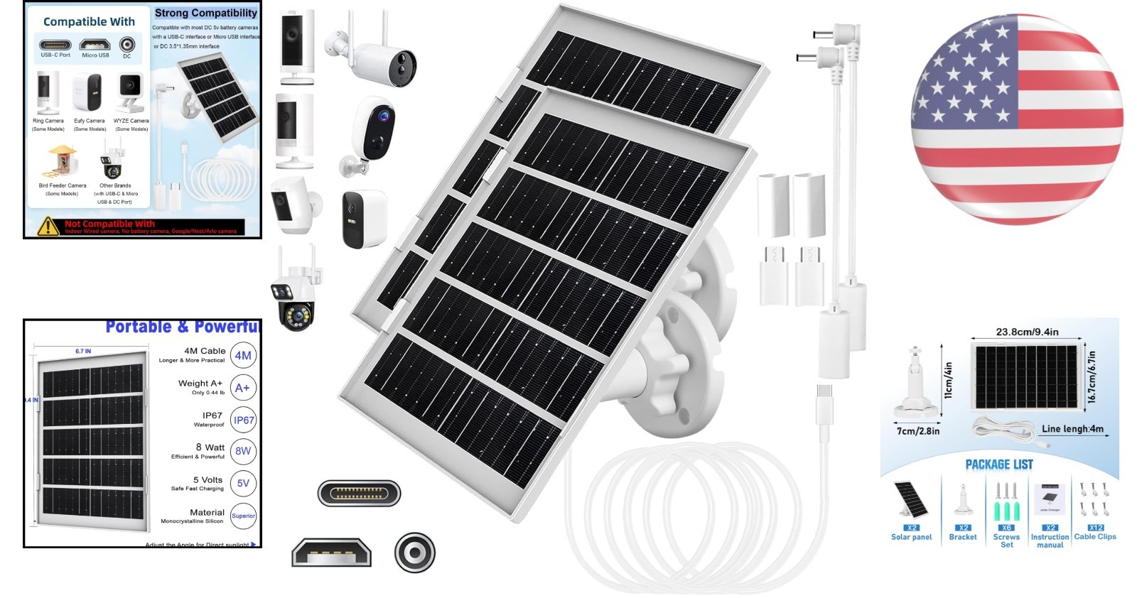 Fast Charging 8W Solar Panel for Bird Feeder Cameras – 360° Adjustable & 2 Pack