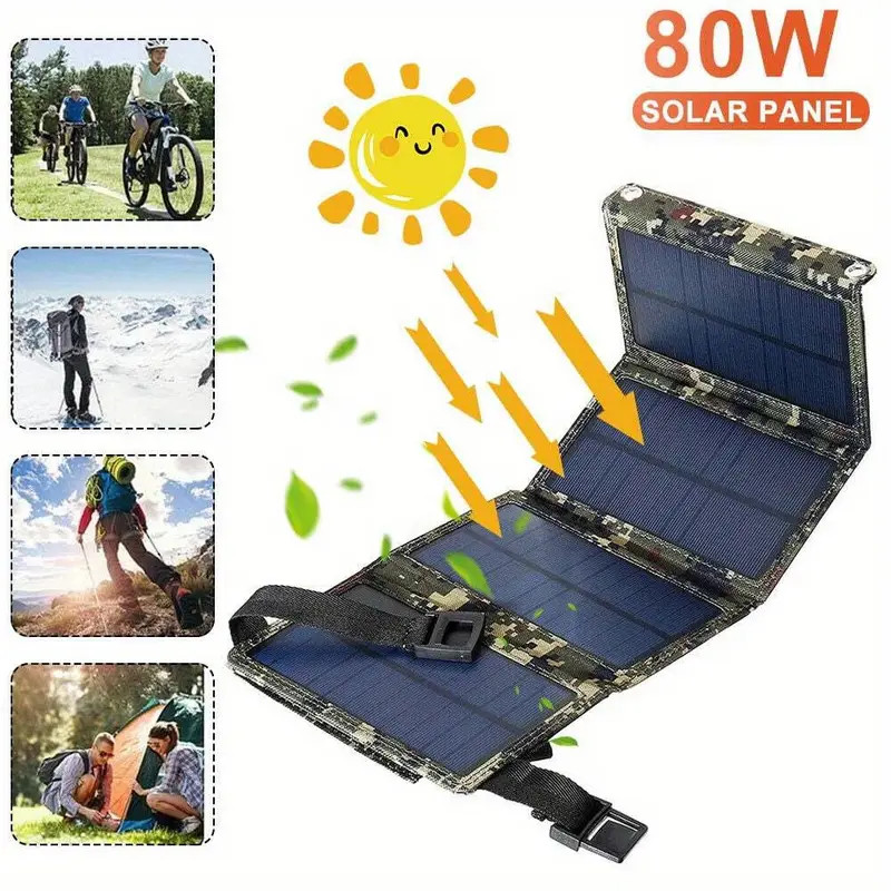 80W USB Solar Panel Folding Power Bank Outdoor Camping Hiking Phone Charger Kit